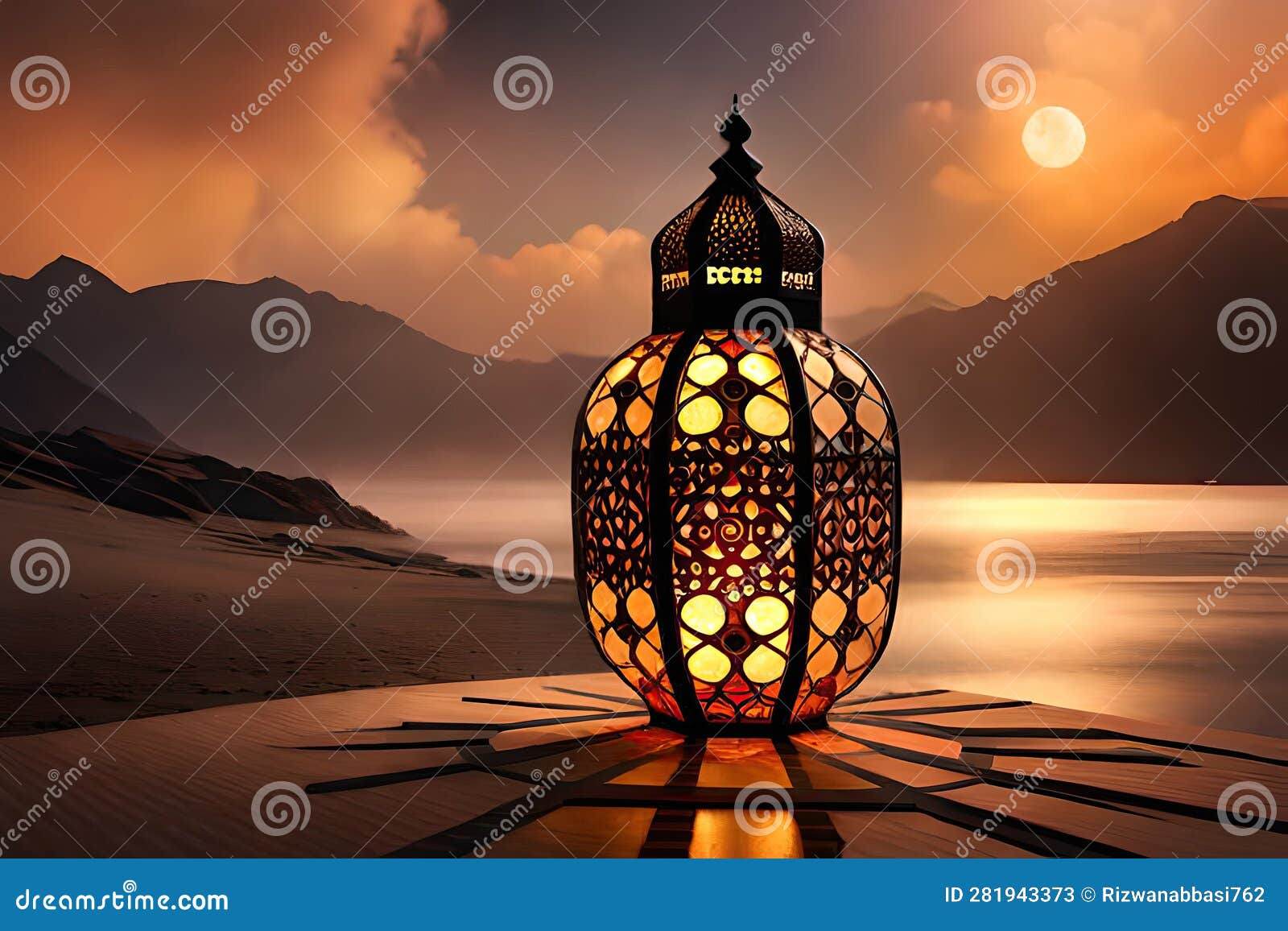Arabic Lantern with Burning Candle Glowing Islamic Background Eid Al