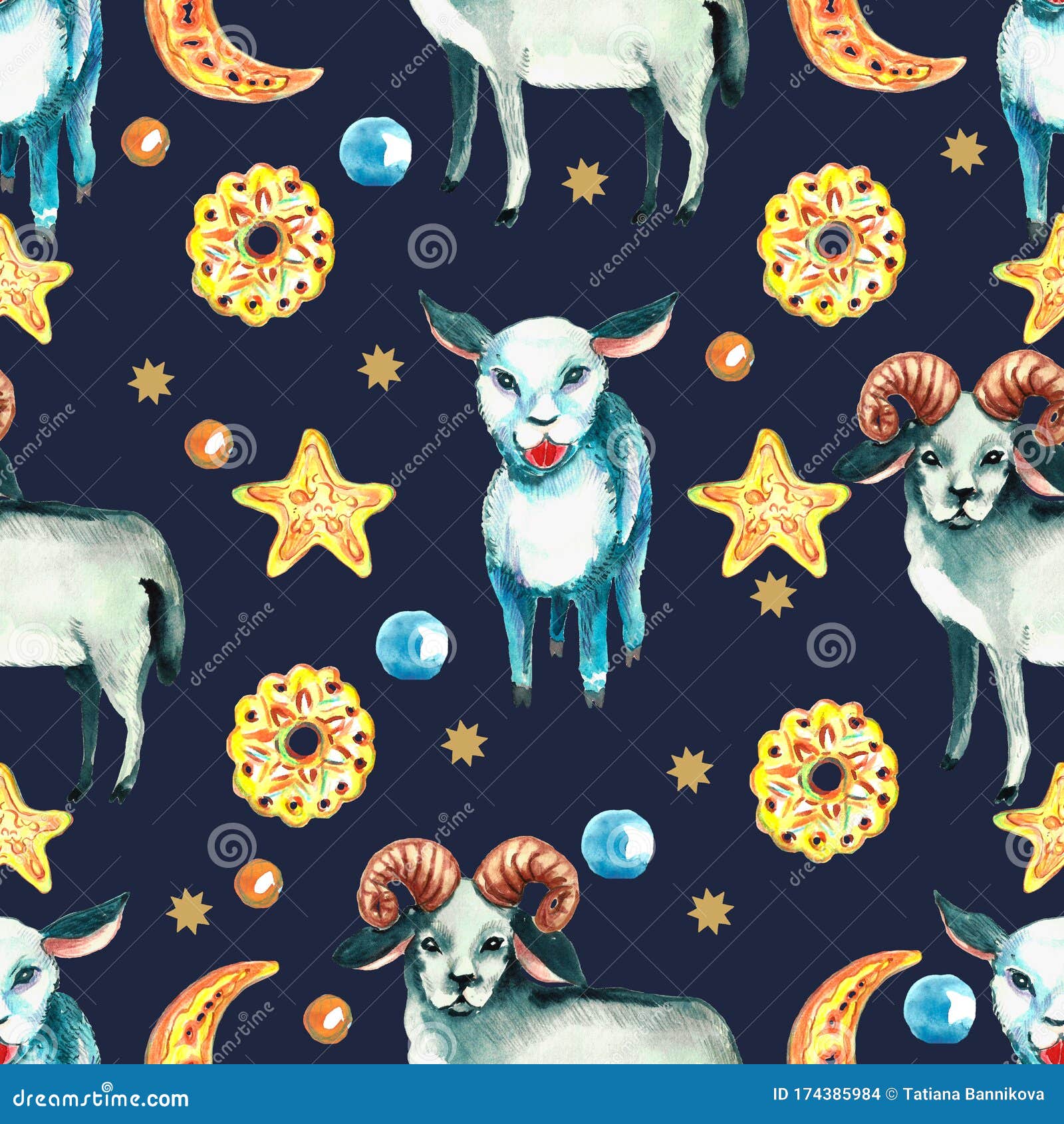 Arabic Lanterns, Lambs And Stars On Dark Blue Background. Ramadan ...