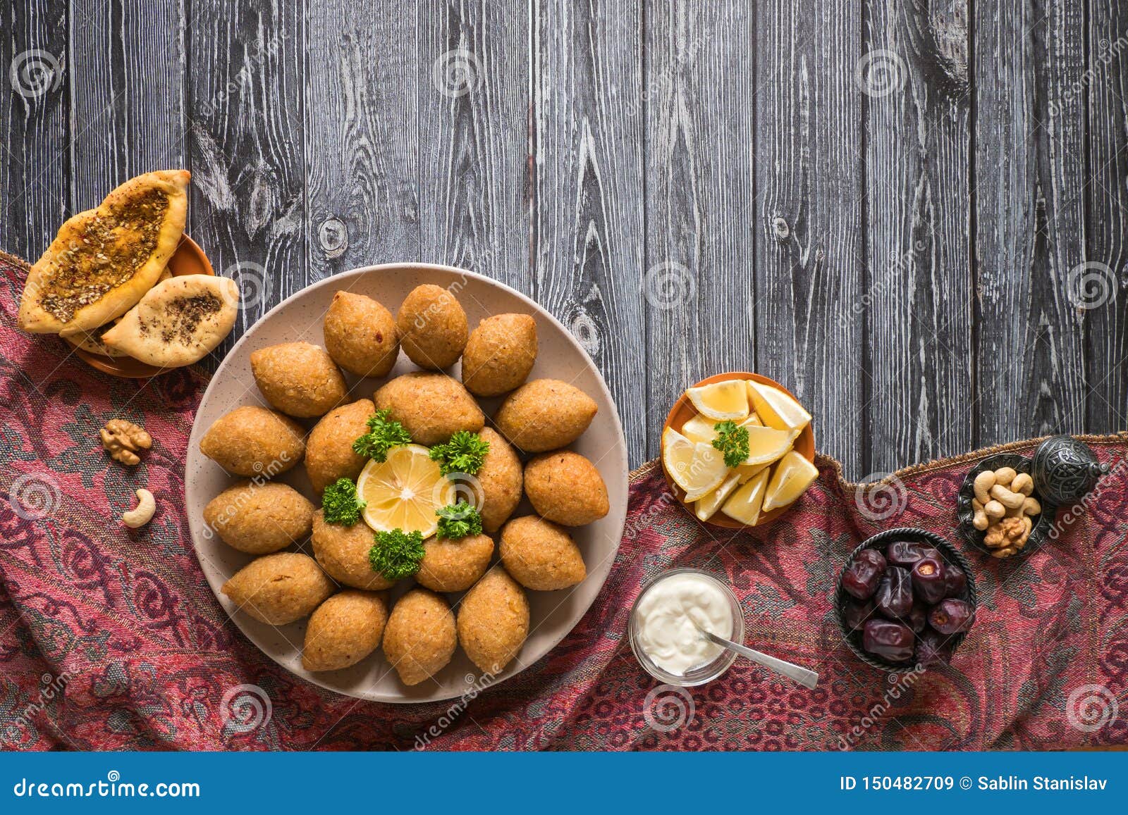 Arabic Meat Appetizer Kibbeh. Traditional Arabic Kibbeh with Lamb and