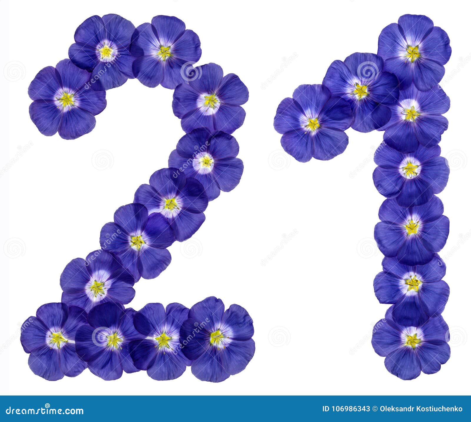 Arabic Numeral 21, Twenty One, Twenty, from Blue Flowers of Flax Stock
