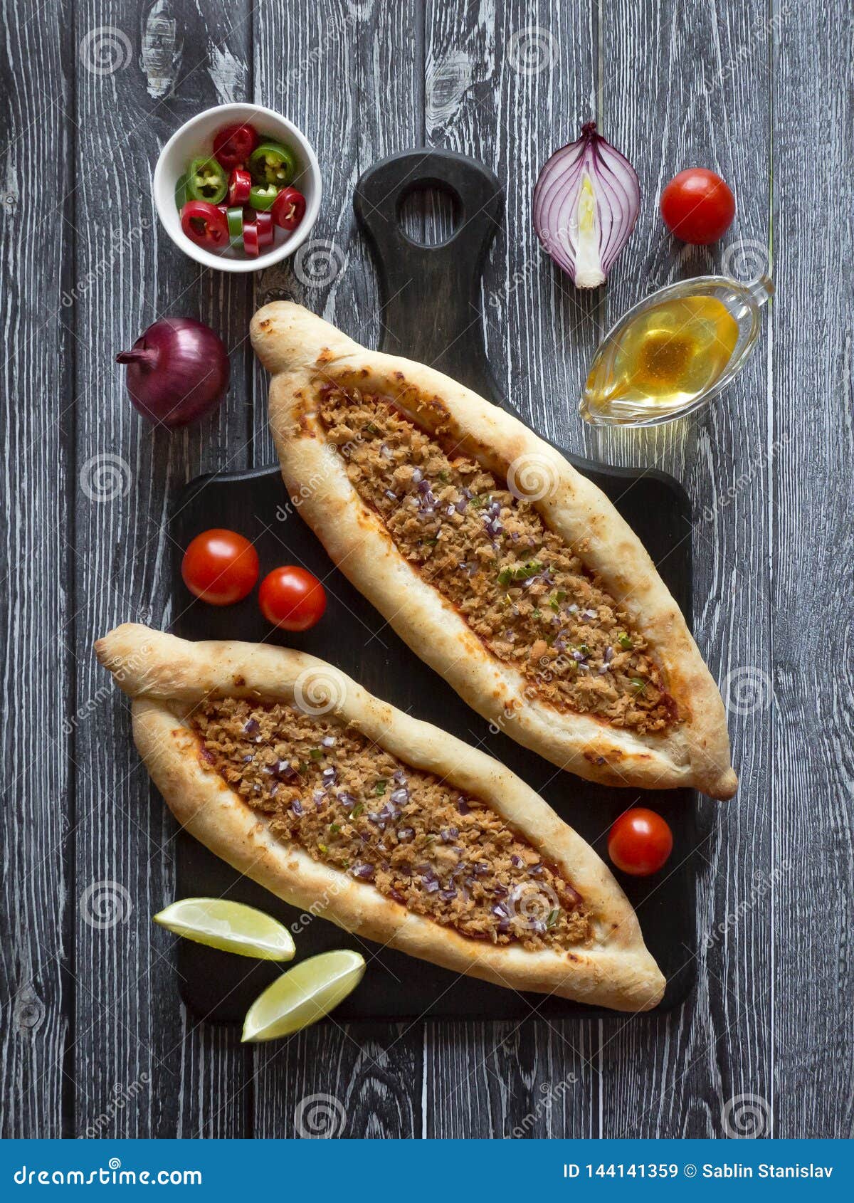 Arabic Pizza Lahmacun on Dark Wooden Background. Stock Image Image of