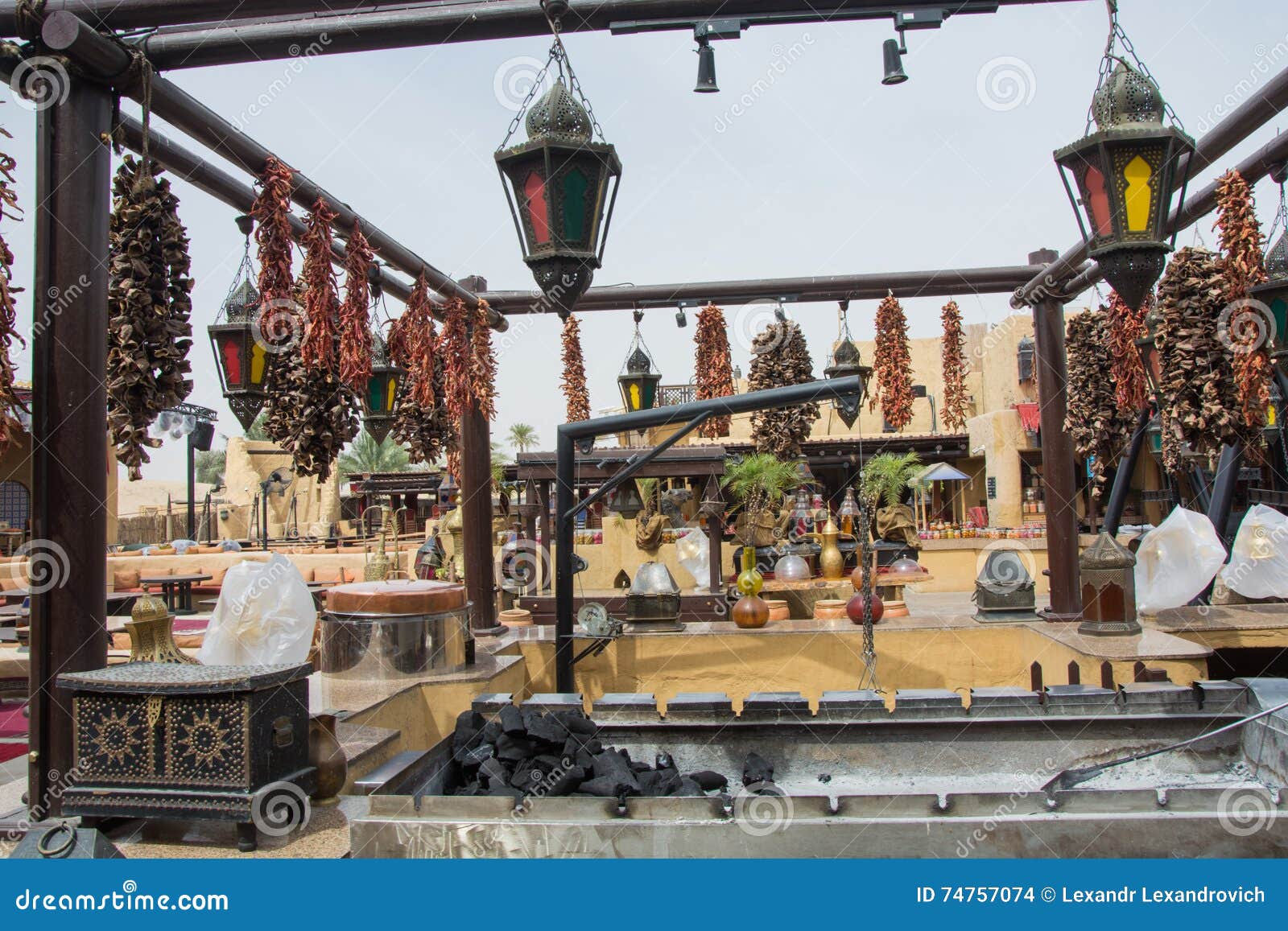 Arabic Spices and Herbs Hangs at the Outdoor Kitchen Stock Photo