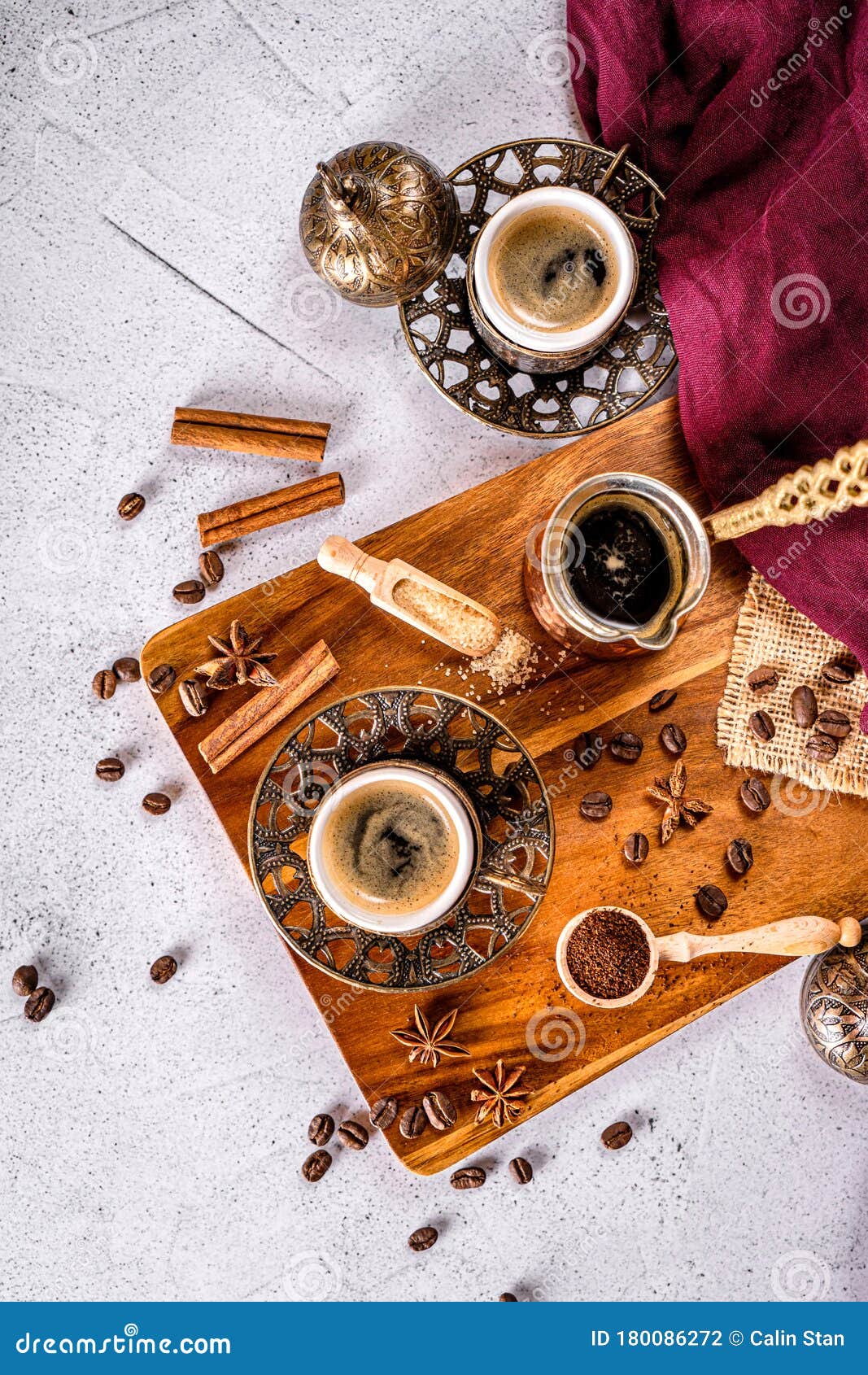 Arabic Style Coffee Table with Coffee Cups, Pot and Beans Stock Photo