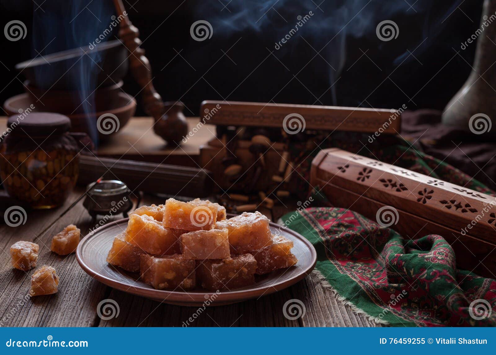 arabic turkish delight dessert rahat lukum, lokum powdered with sugar, eastern candy. holidays ramadan concept