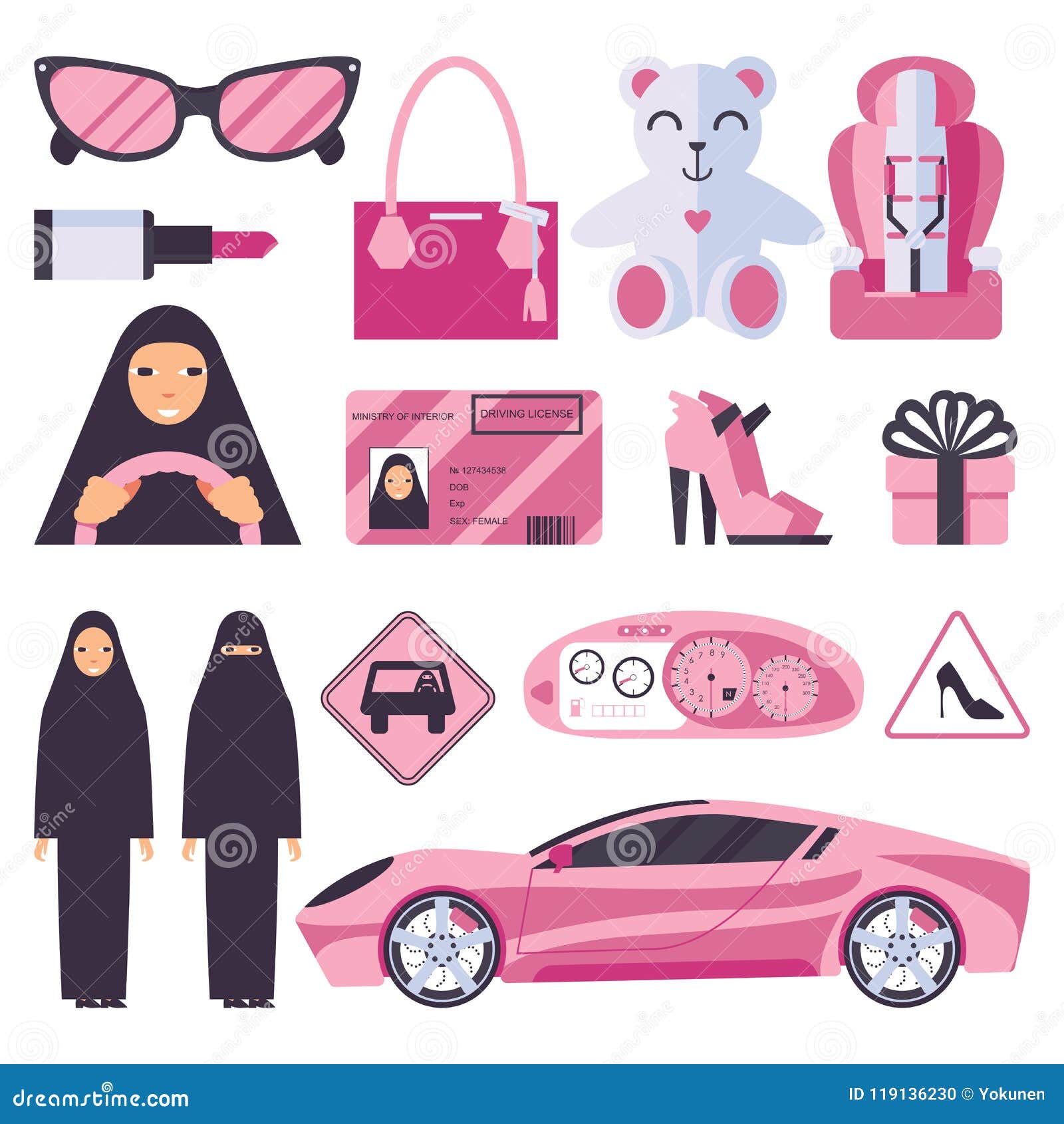 Arabische Moslemische Frauen, Die Erlaubnis Für Das Fahren Des Autos Haben  Dame Im Nikab Und Im Hijab Mit Rosa Zubehör, Auto, Zei Stock Abbildung -  Illustration von erregt, feier: 119136230