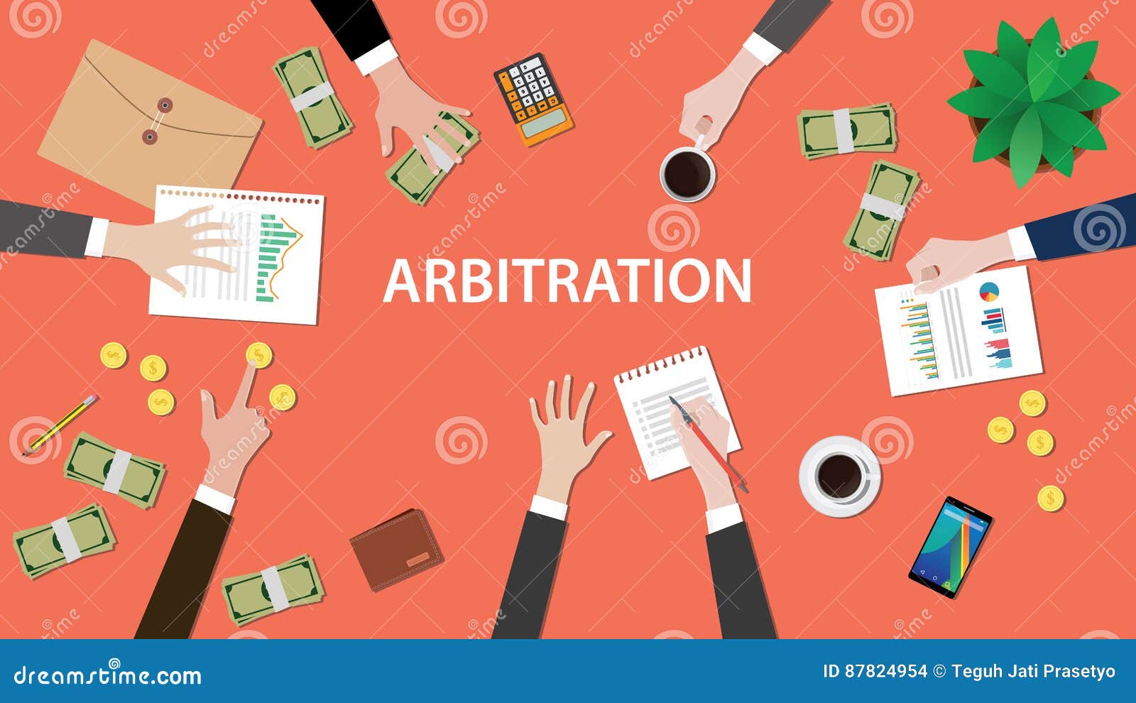 arbitration concept  with people discuss in a meeting with paperworks, money, coins and folder document on