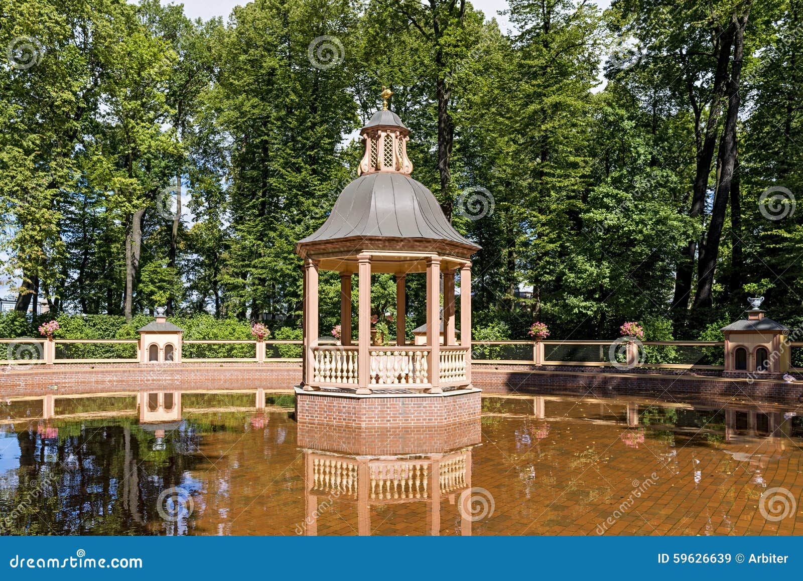 Arbor in middle of pond stock image. Image of architecture 59626639