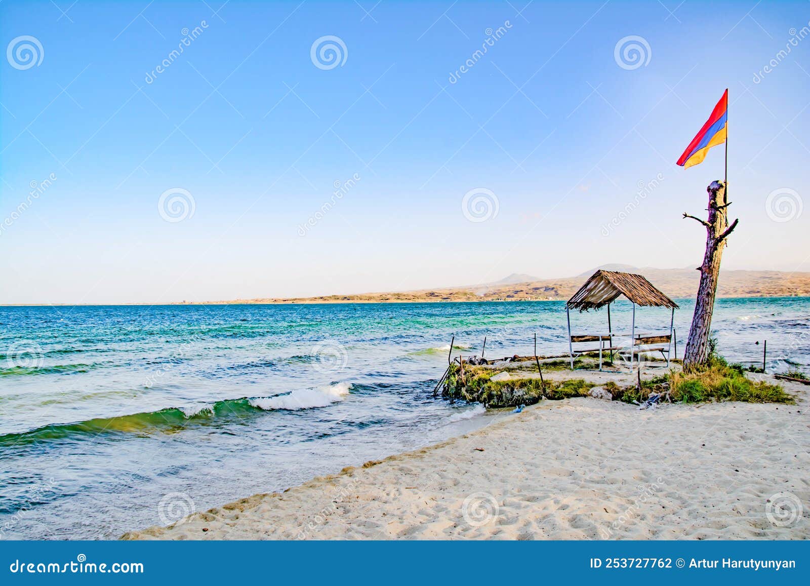 Arbor by the Sea. Blue Waves of the Sea and a Gazebo Stock Photo Image of arbor, vacation