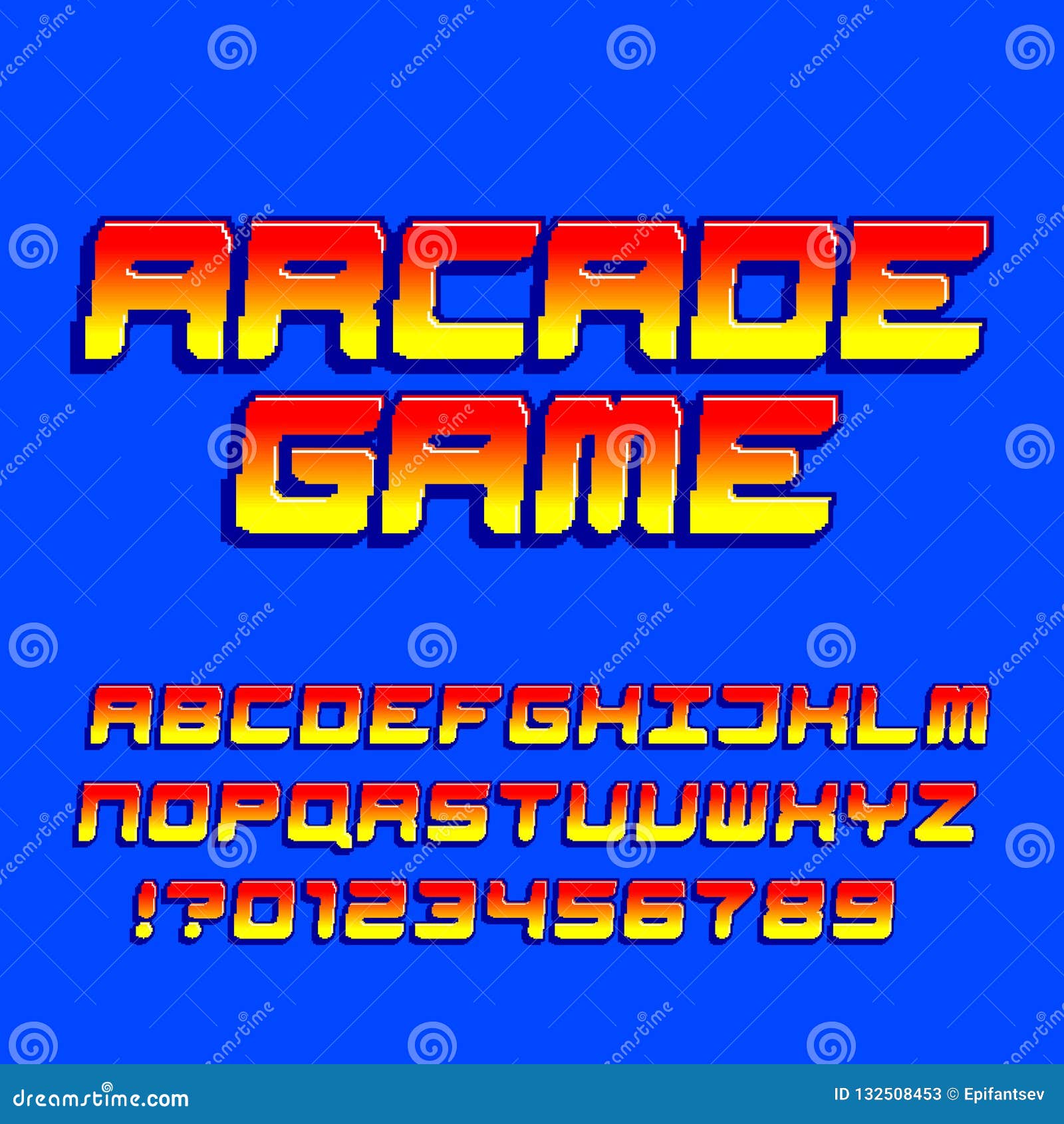 Retro style arcade games font. 80s video game alphabet letters and numbers  royalty free illustration