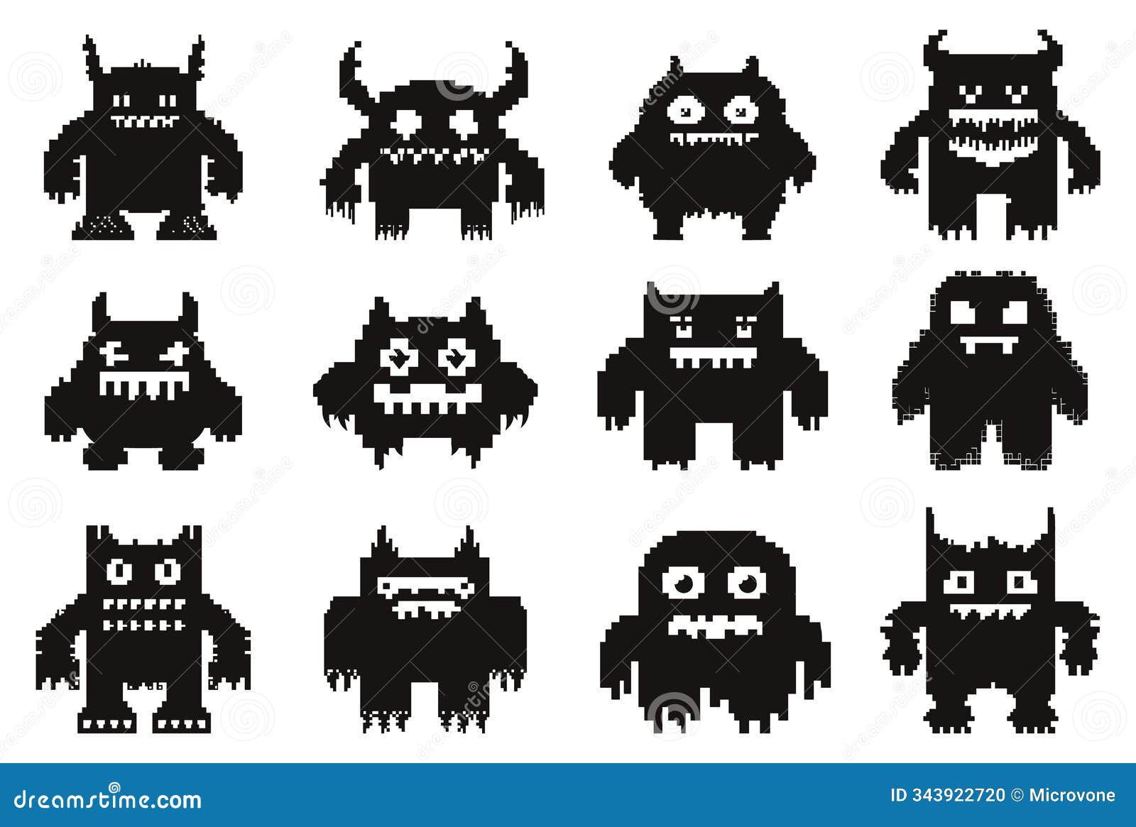 arcade game pixel black monsters set. space alien zombies characters with horns and tentacles. gaming s. black and