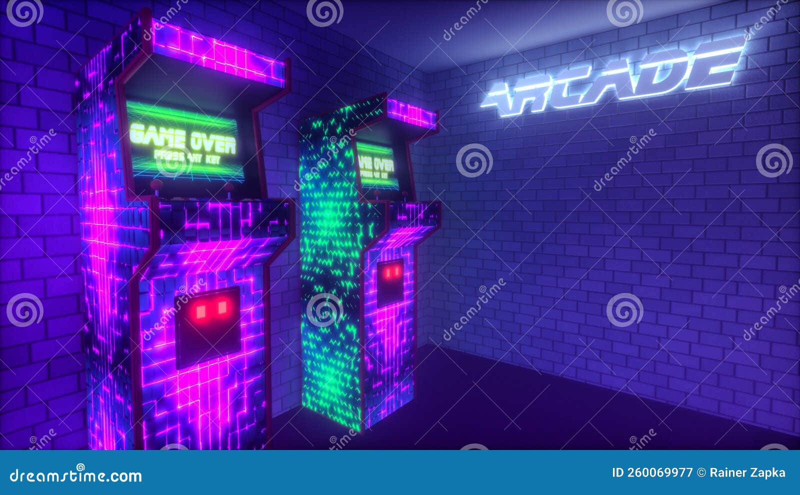 A Arcade Machines in a Game Hall 3d Rendering Stock Illustration