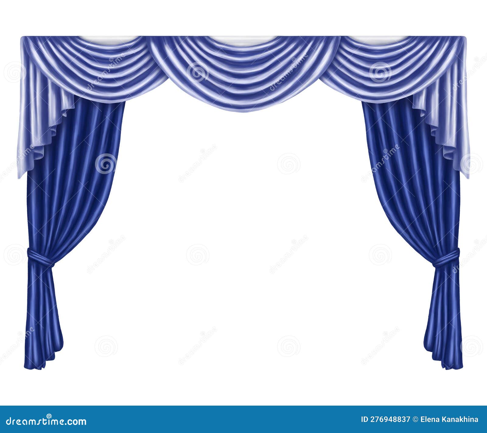 Arch of Blue Curtains Made of Satin, Silk, Fabric. Digital Illustration