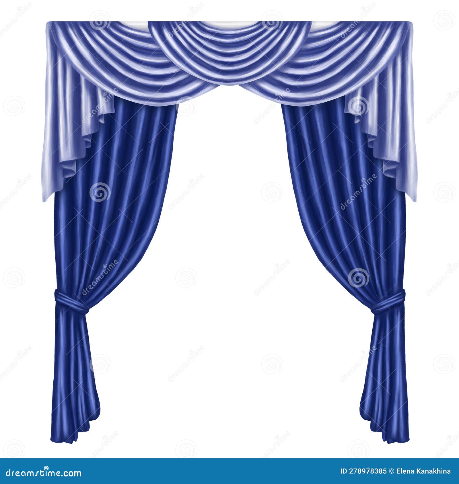 Arch of Blue Curtains Made of Satin, Silk, Fabric. Digital Illustration