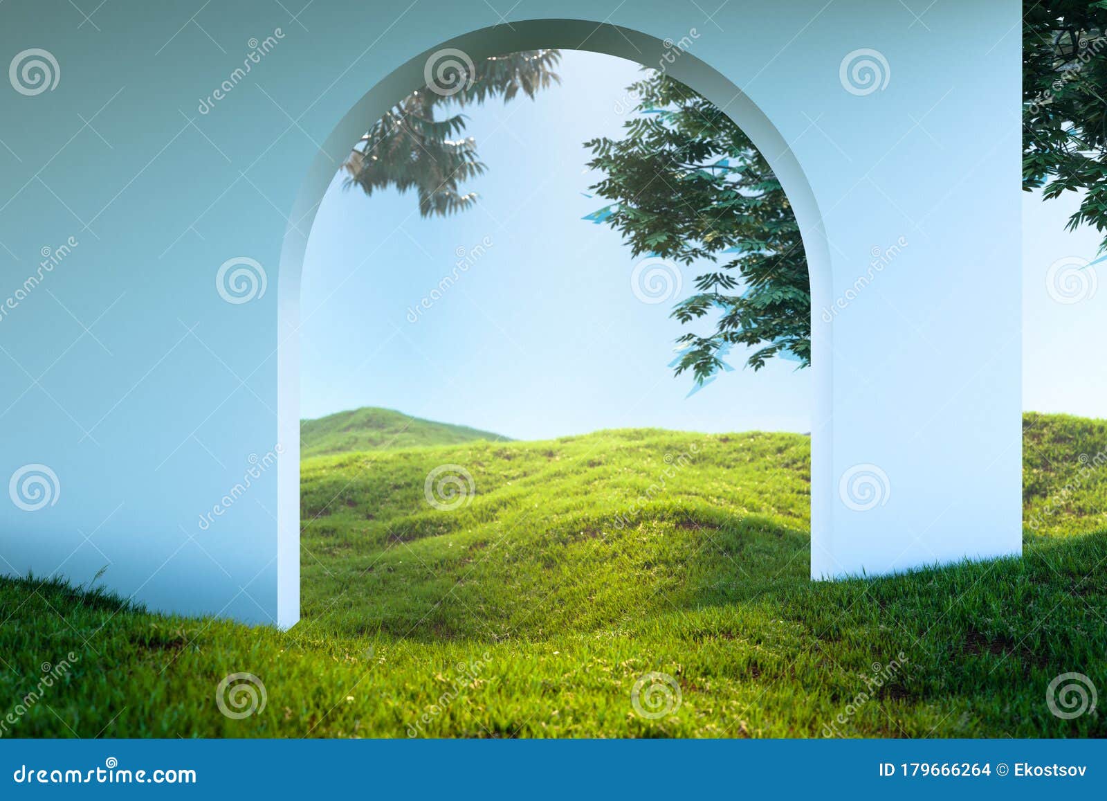 arch or door to heaven meadow. beautiful landscape, happy afterlife. 3d rendering