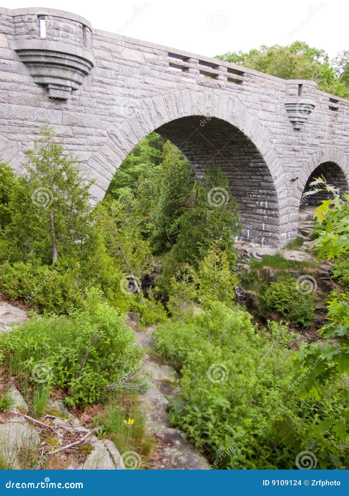 Scenic view of old stone arched bridge in countryside, Acadia National Park, Maine, U.S.A.