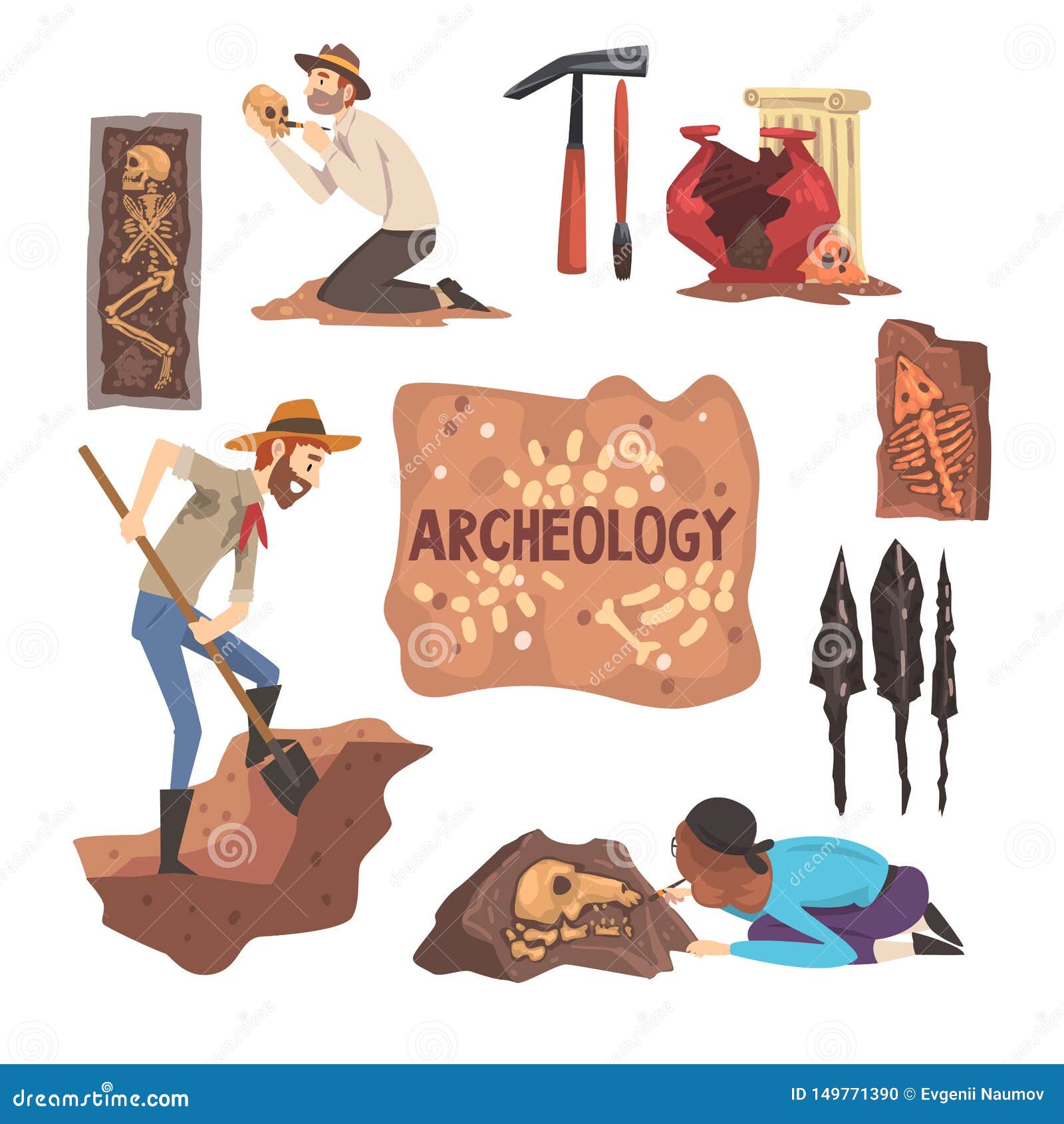 archeology and paleontology set, scientist working on excavations, archaeological artifacts  