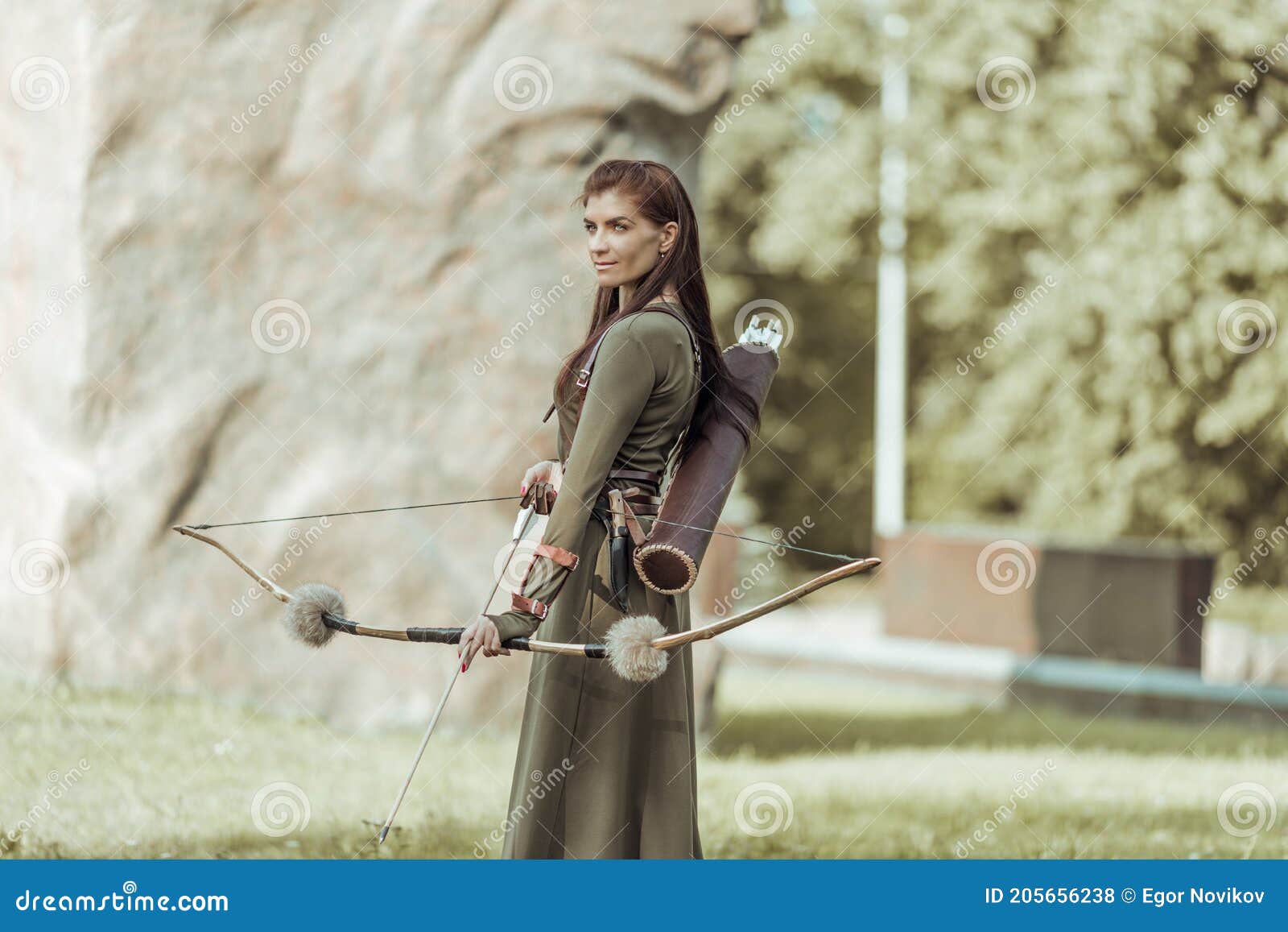 Archery Woman with Bow Shooting on the Forest Stock Photo Image of