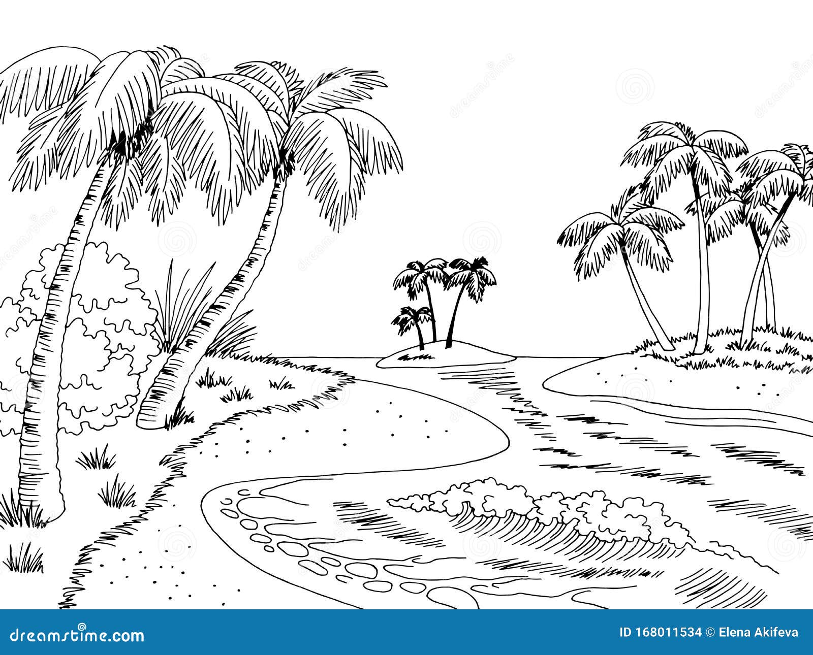 Archipelago Island Sea Coast Graphic Beach Black White Landscape Sketch ...