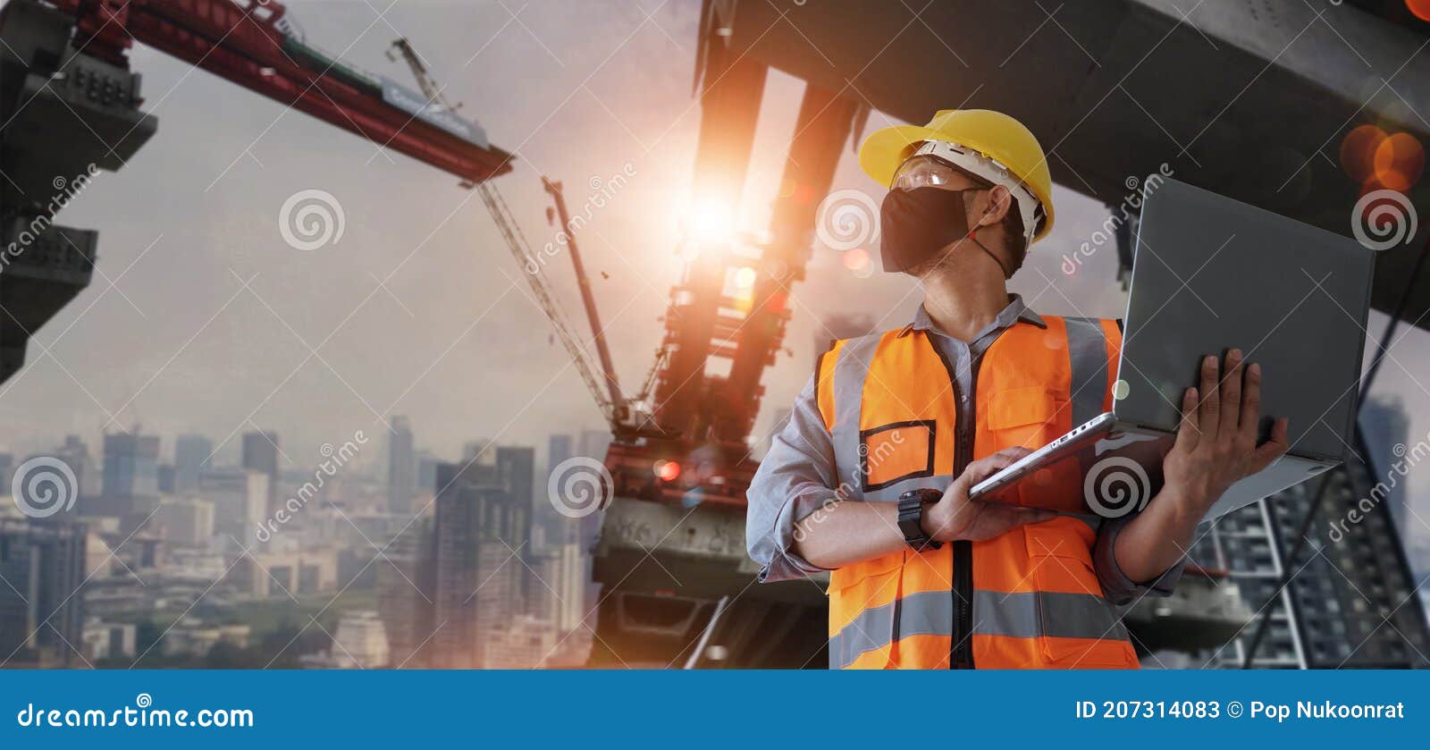 architect, civil engineer holding laptop inspect and oversee infrastructure progress and security of city construction project.