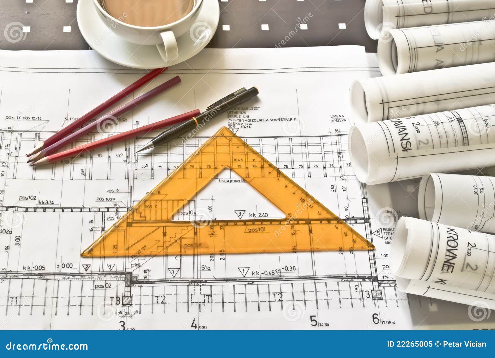 Architect Desk with Rolls and Plans Stock Image Image of blueprint