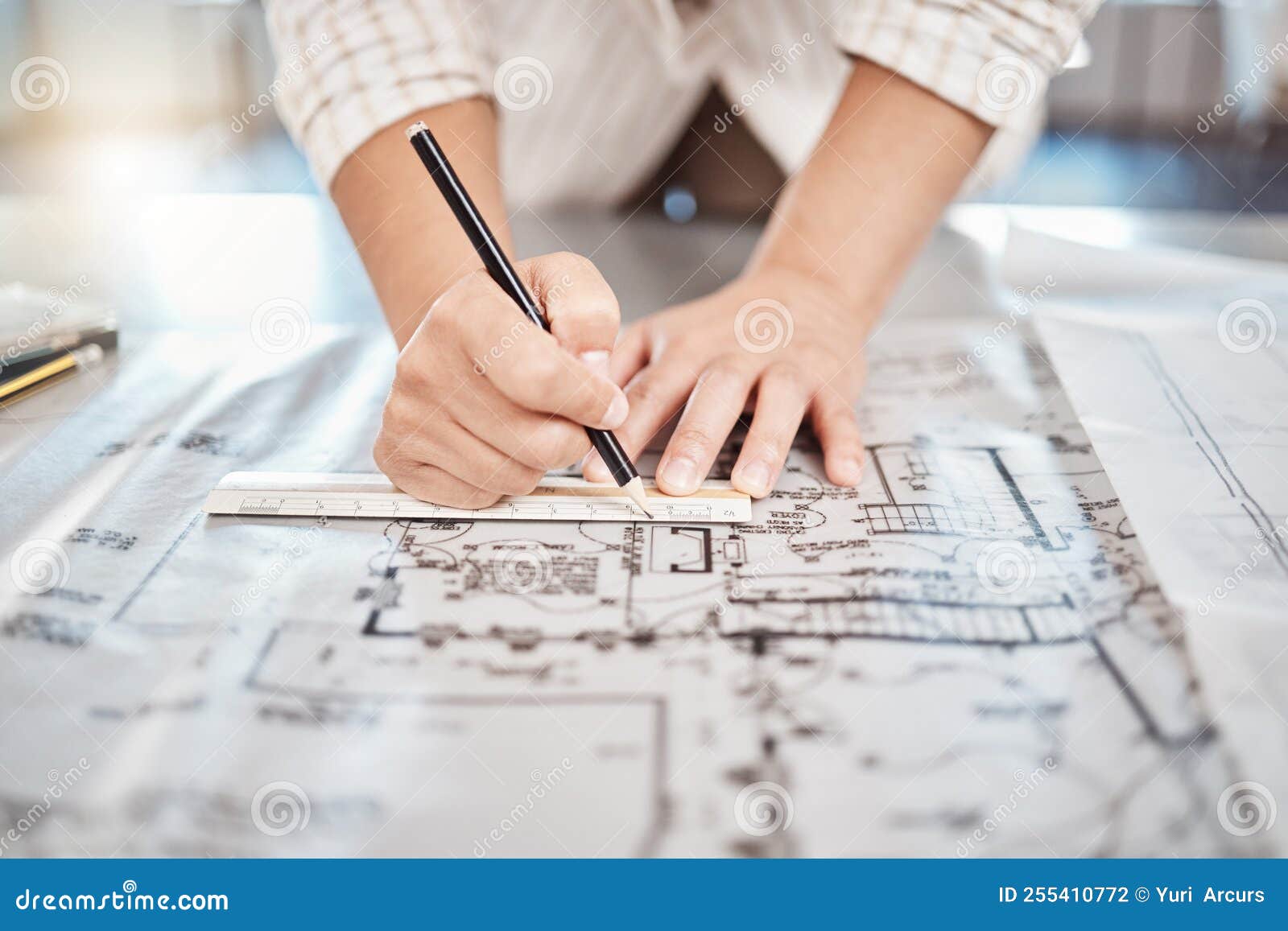 Architect Drawing Building Floor Plan, Design Blueprint Map and