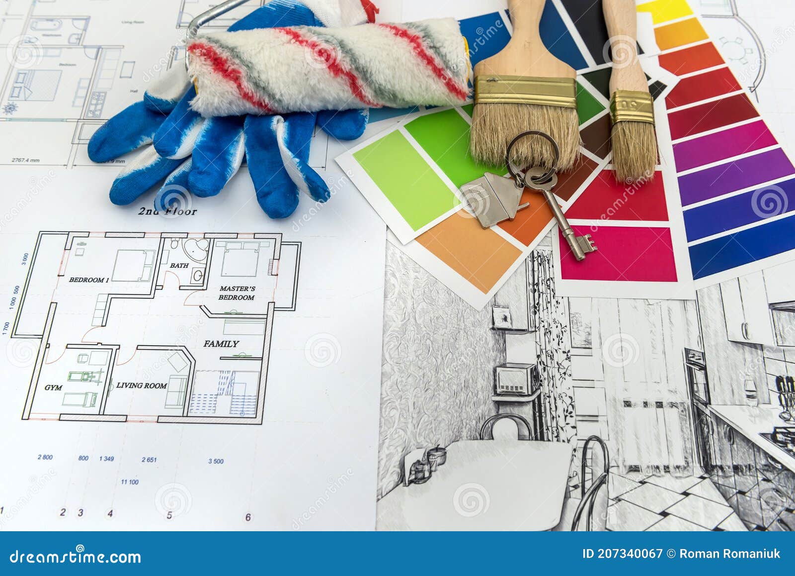 architect drawing of modern apartament blueprints with color paper material sample on creative desk