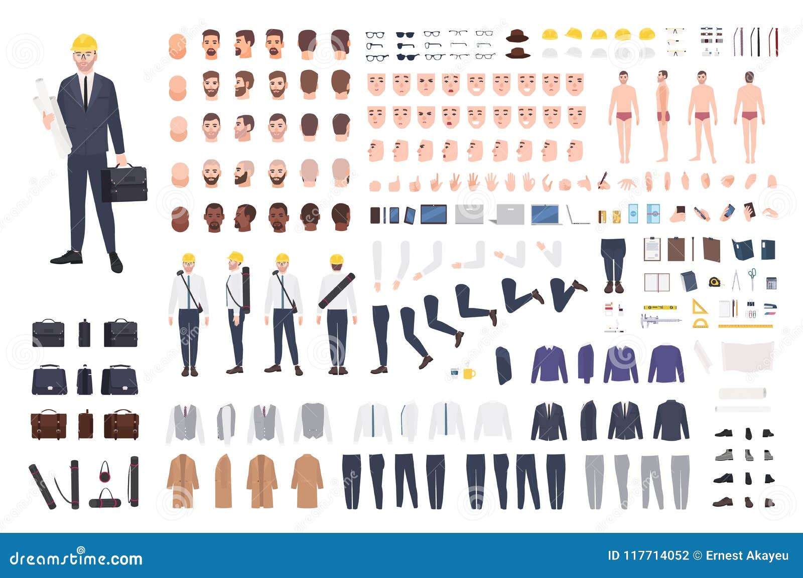 architect or engineer constructor or diy kit. collection of male cartoon character body parts, facial expressions