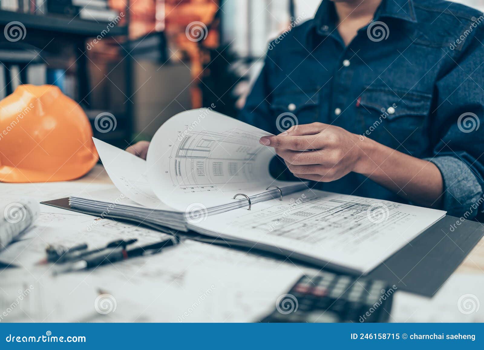 Architect Engineer Read Drawing Design Working on Blueprint. House