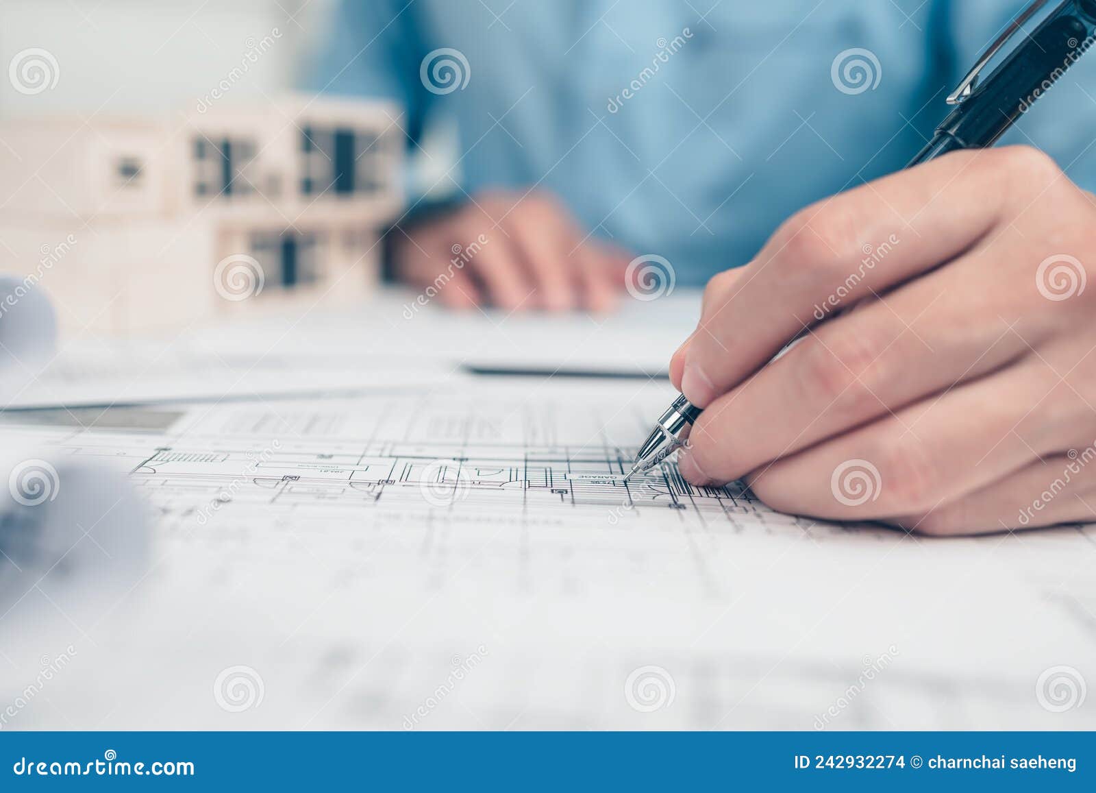 Architect Engineer Use Pen Drawing Design Working on Blueprint. House