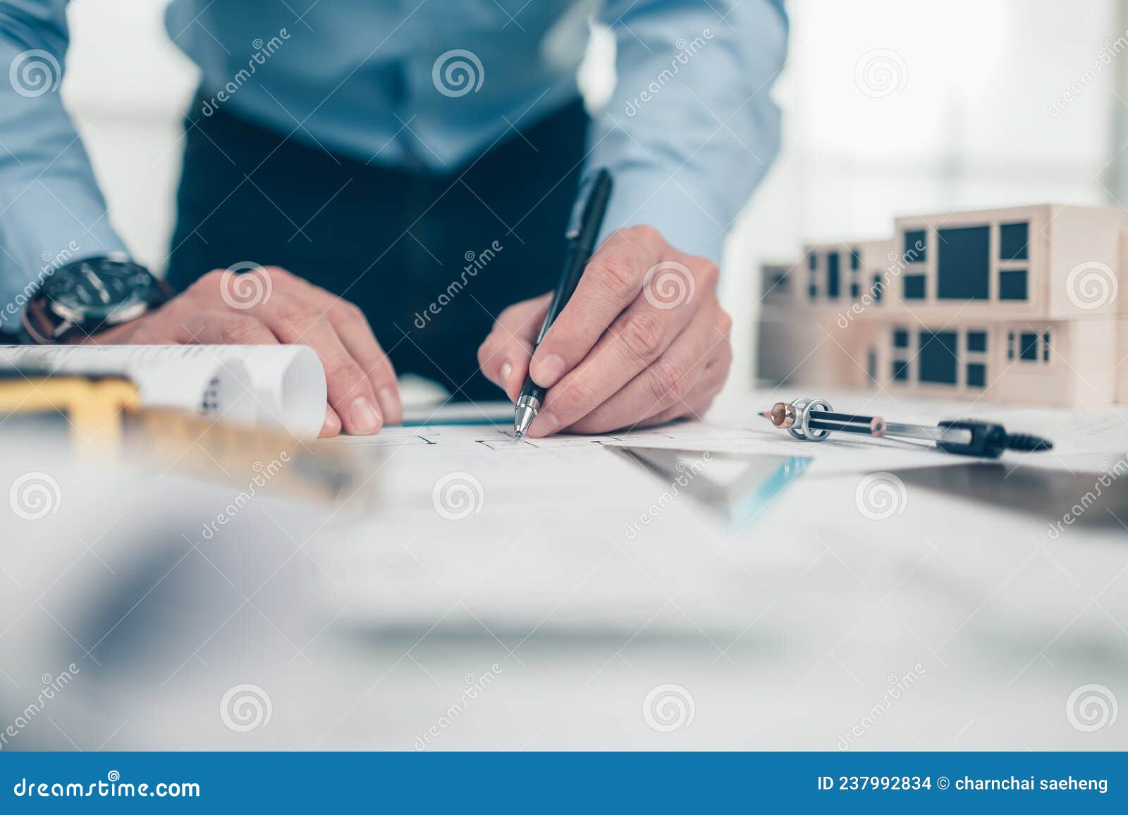 Architect Engineer Use Pen Drawing Design Working on Blueprint. House