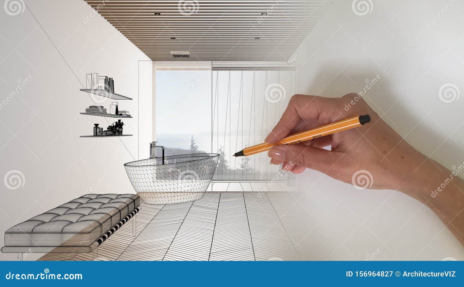 Architect Interior Designer Concept Hand Drawing A Design Interior Project While The Space Becomes Real Luxury White And Wooden Stock Image Image Of Interior Bathroom 156964827
