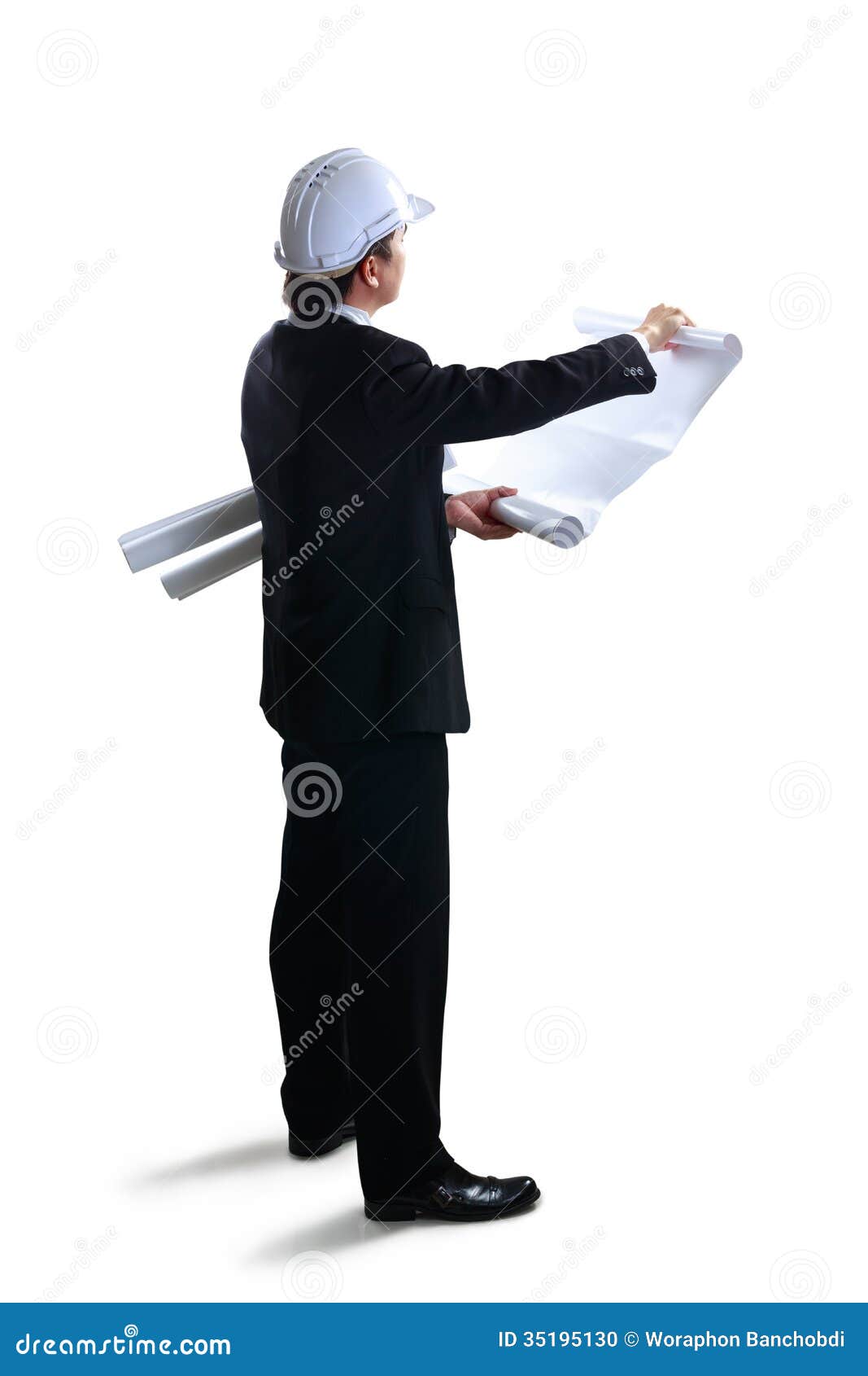 Architect looking at blueprints, Isolated over white with clipping path