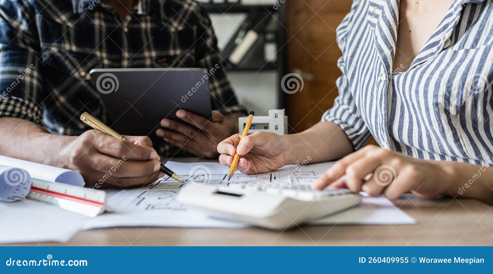 Architect Man Working with Blueprints for Architectural Plan, Engineer