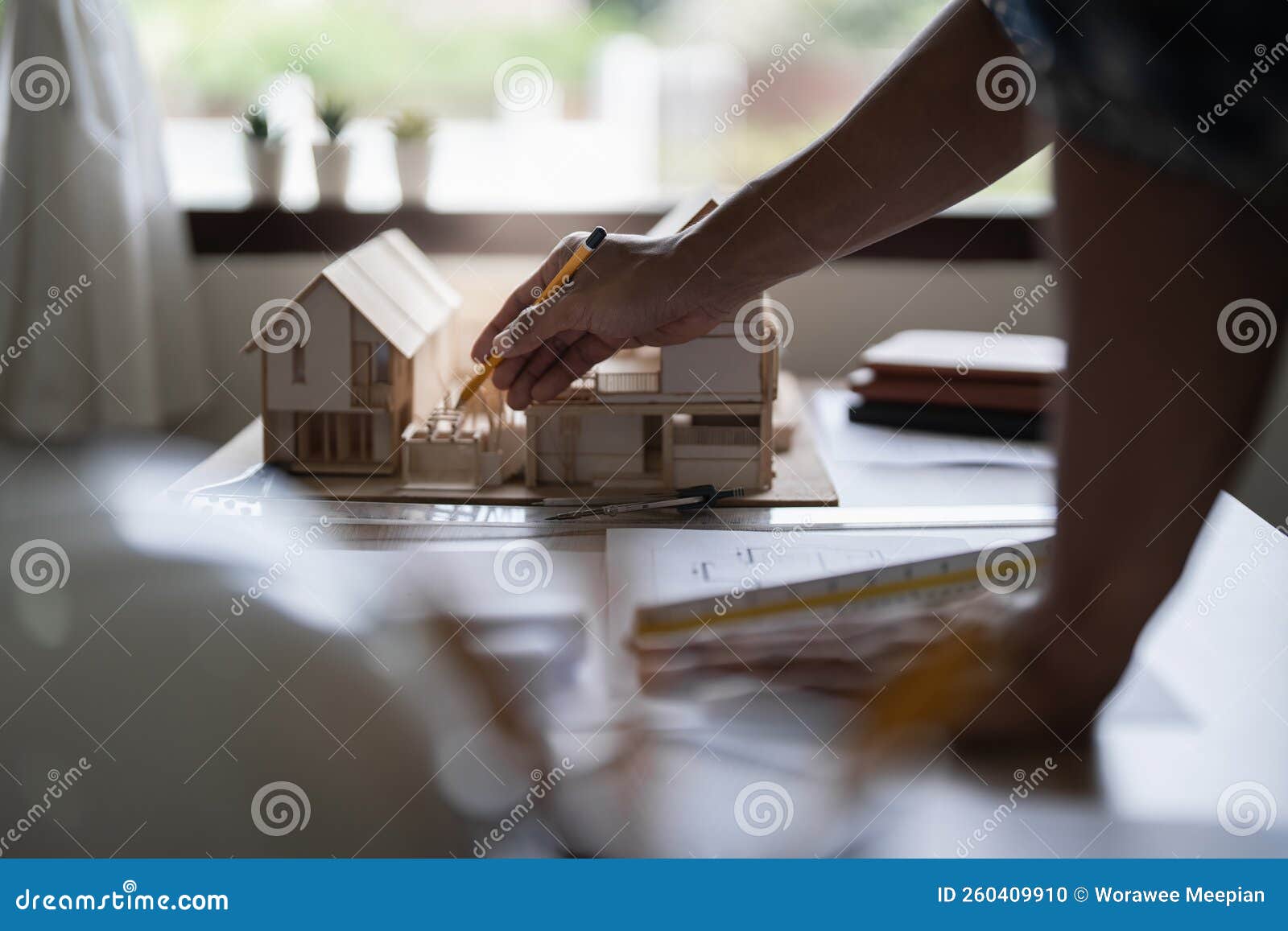 Architect Man Working with Blueprints for Architectural Plan, Engineer