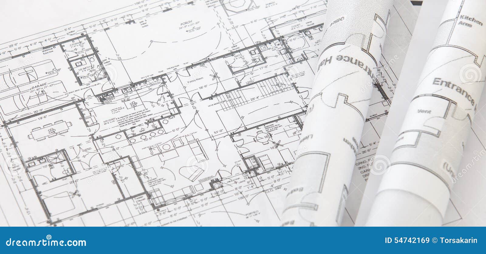 close - up architect rolls and architectural plan ,technical project drawing