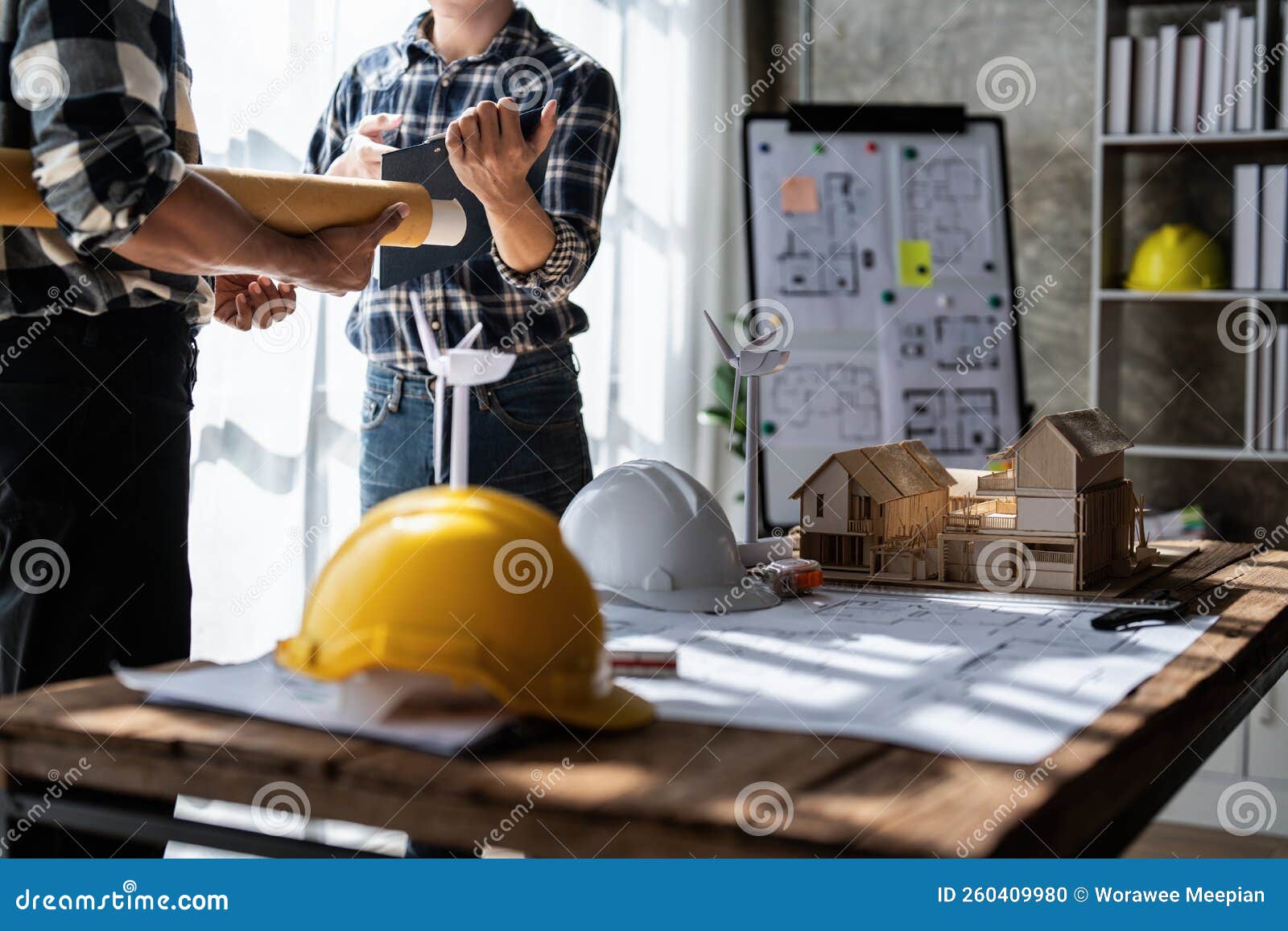 Architect Team Working with Blueprints for Architectural Plan, Engineer