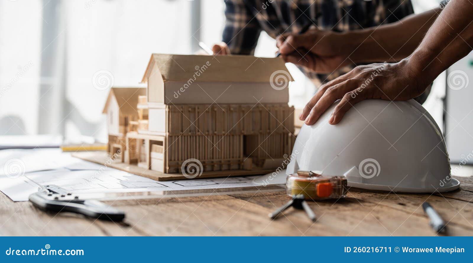 Architect Team Working with Blueprints for Architectural Plan, Engineer