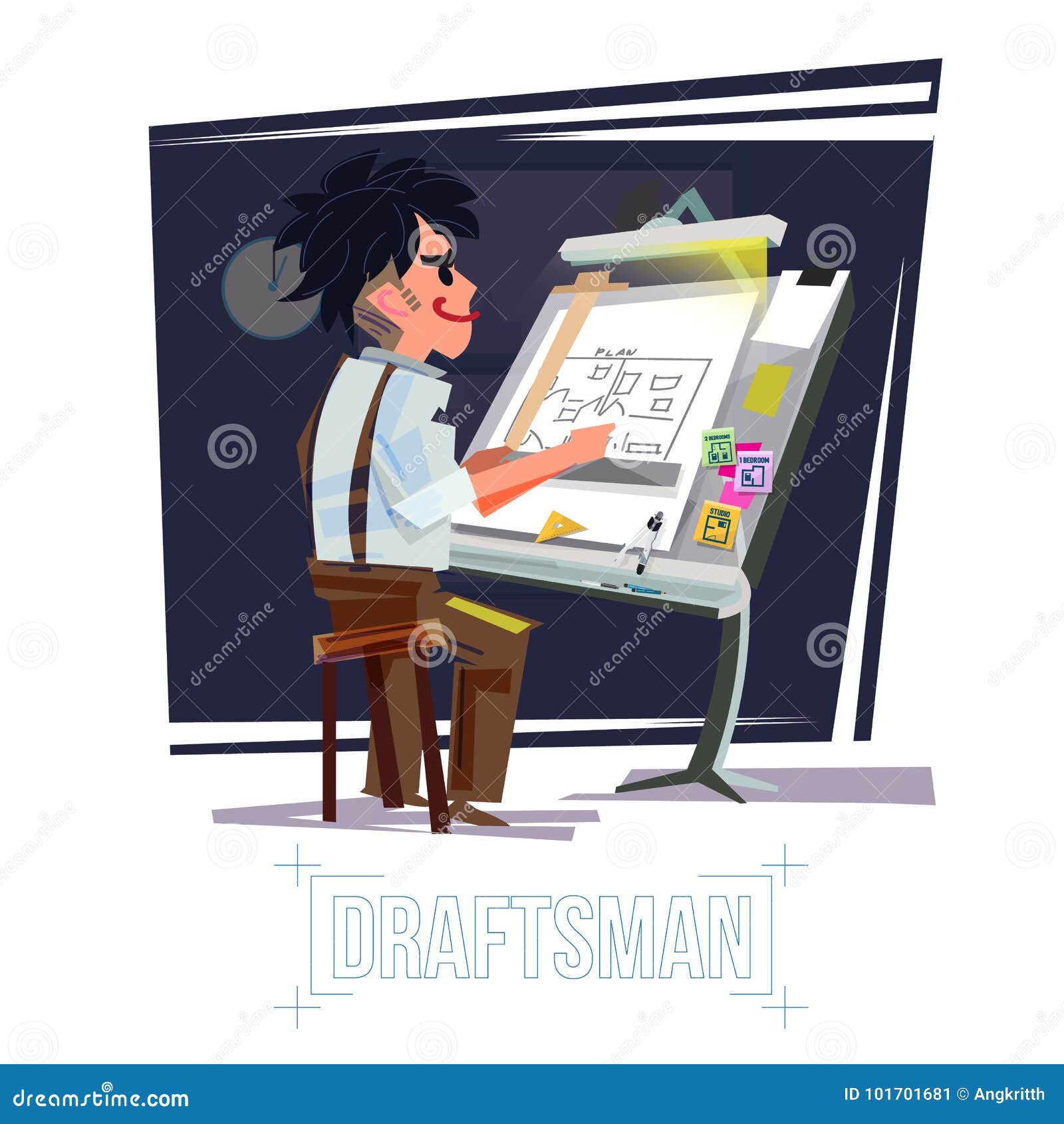 Architect Working On Desk Draftsman Character Design Old Drafsman Architect Working On Desk Draftsman Character Design Old Drafsman