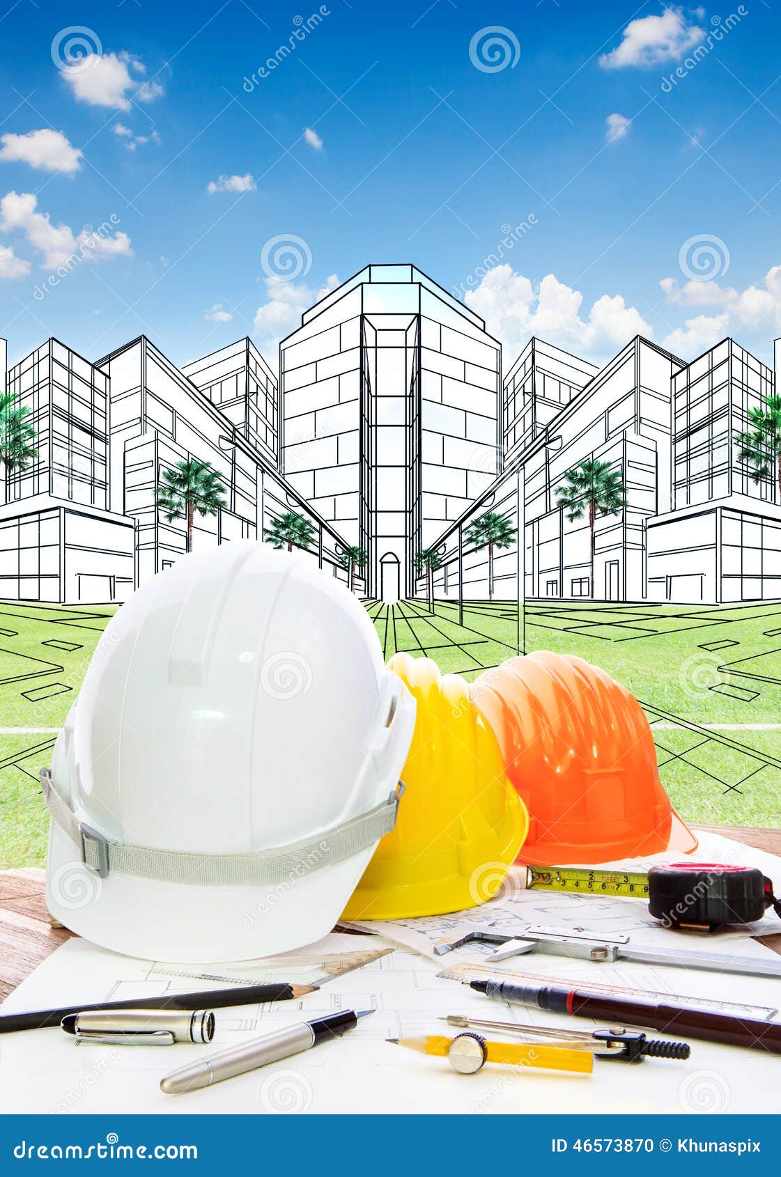 Architect working table with writiing tool safety helmet and perspective plan drawing of new building construction project for land development and real estate design