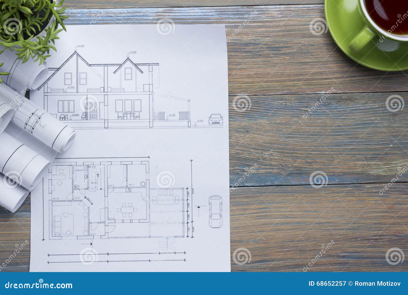 architect worplace top view. architectural project, blueprints, blueprint rolls and divider compass, calipers on