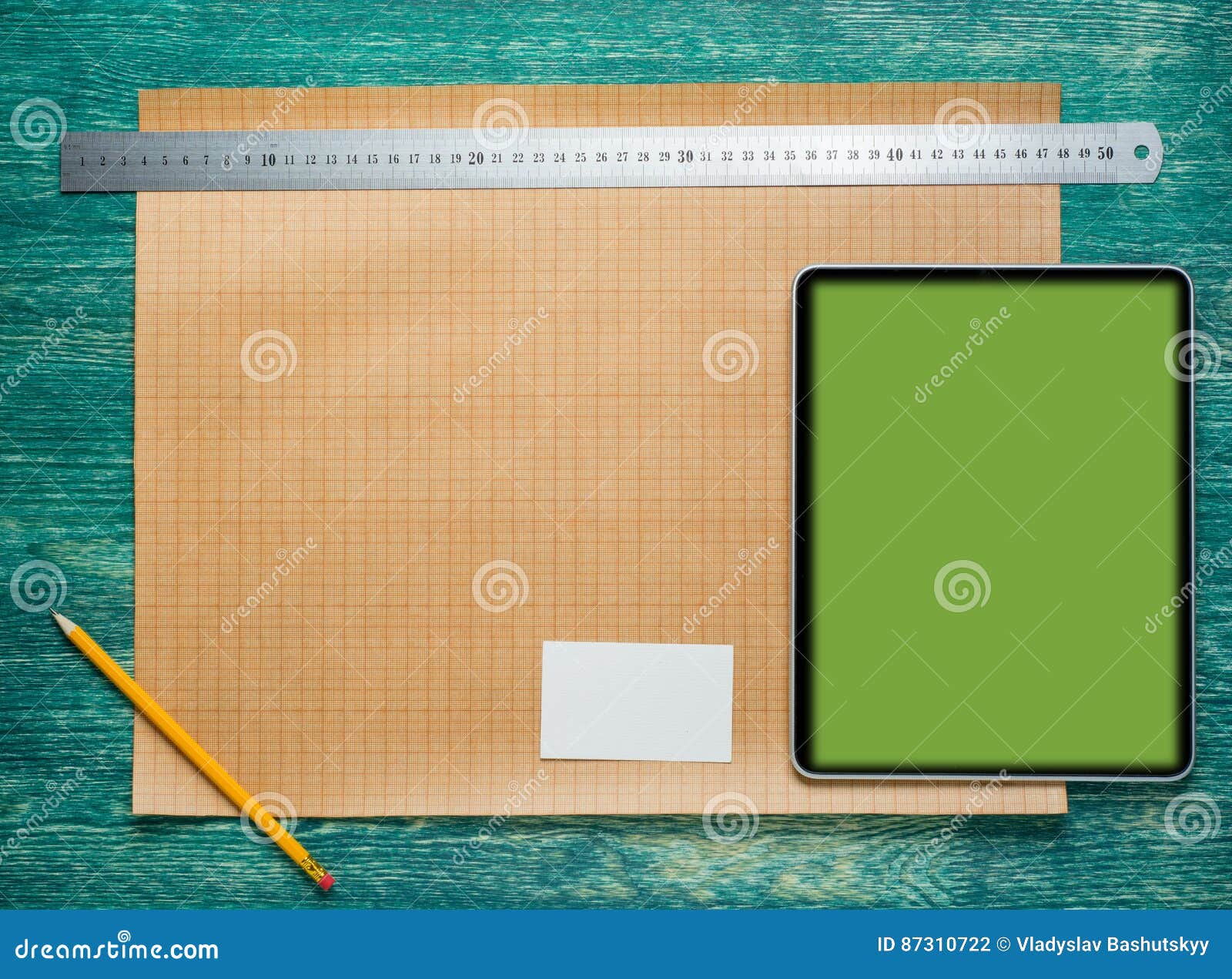 architect worplace on vintage wooden desk table. construction background. engineering tools with tablet pc. top view.