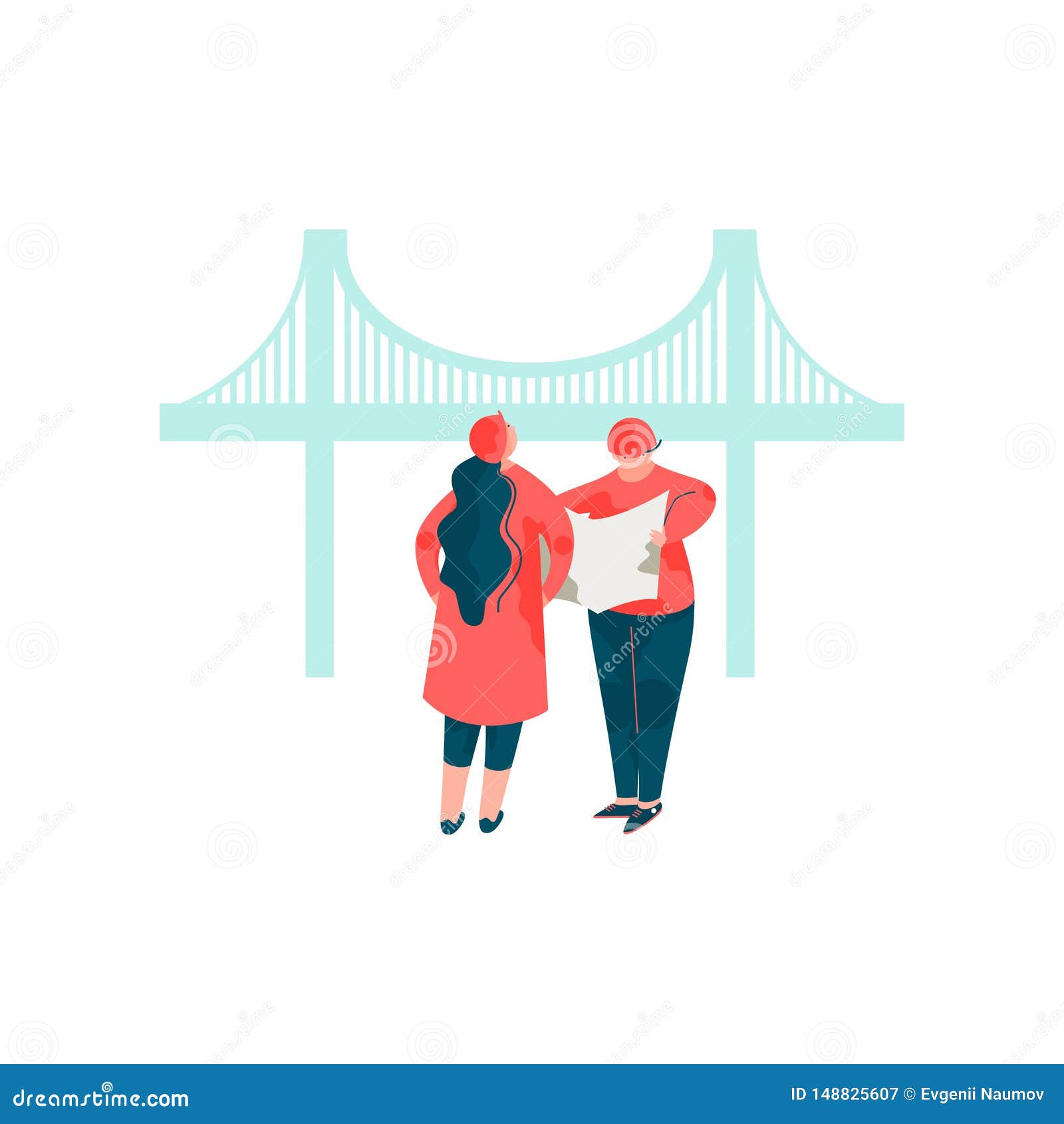 Architects Discussing the Bridge Project, Male and Female Professional Engineers Characters Vector Illustration on White Background.