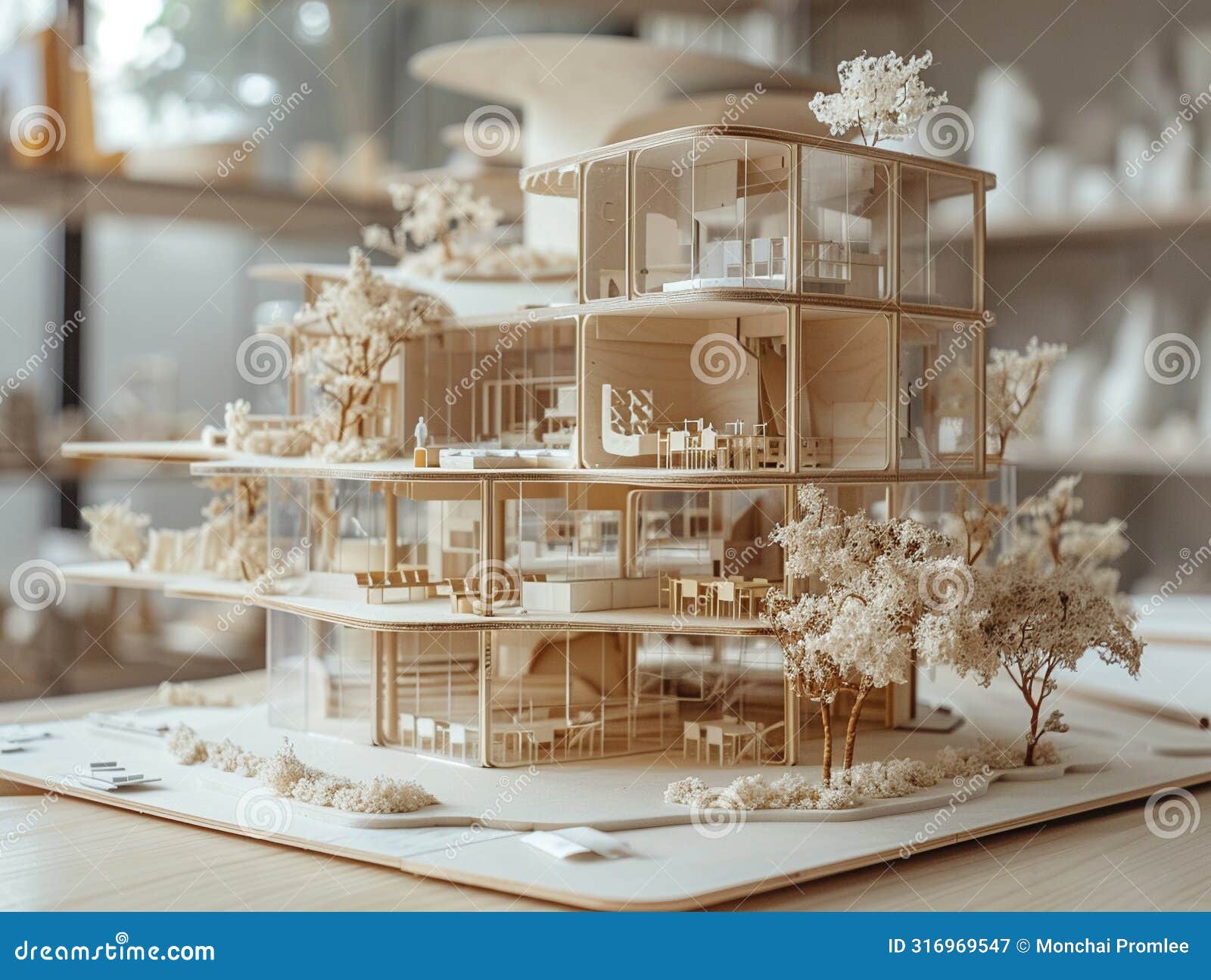 architects presenting a model of a modular construction project, emphasizing quality and biomimicry in sustainable building