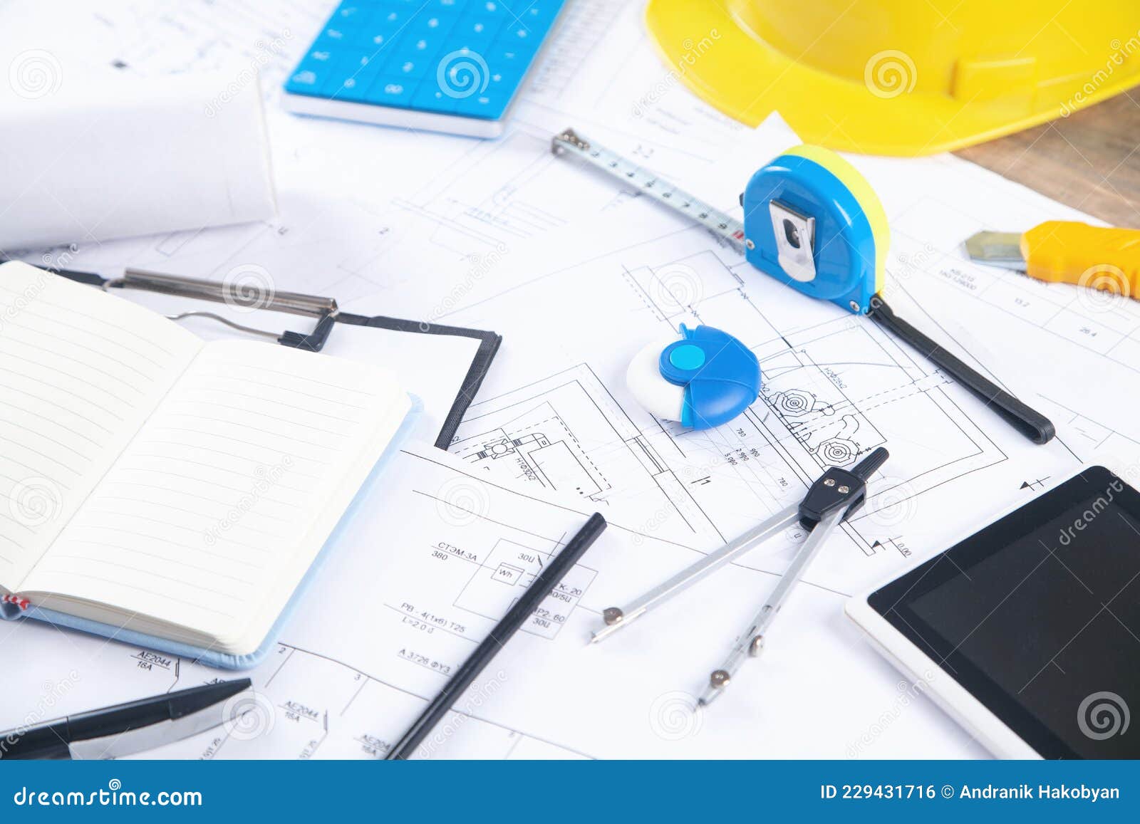 Architects Workplace with Measure Tape, Architectural Project Plan and