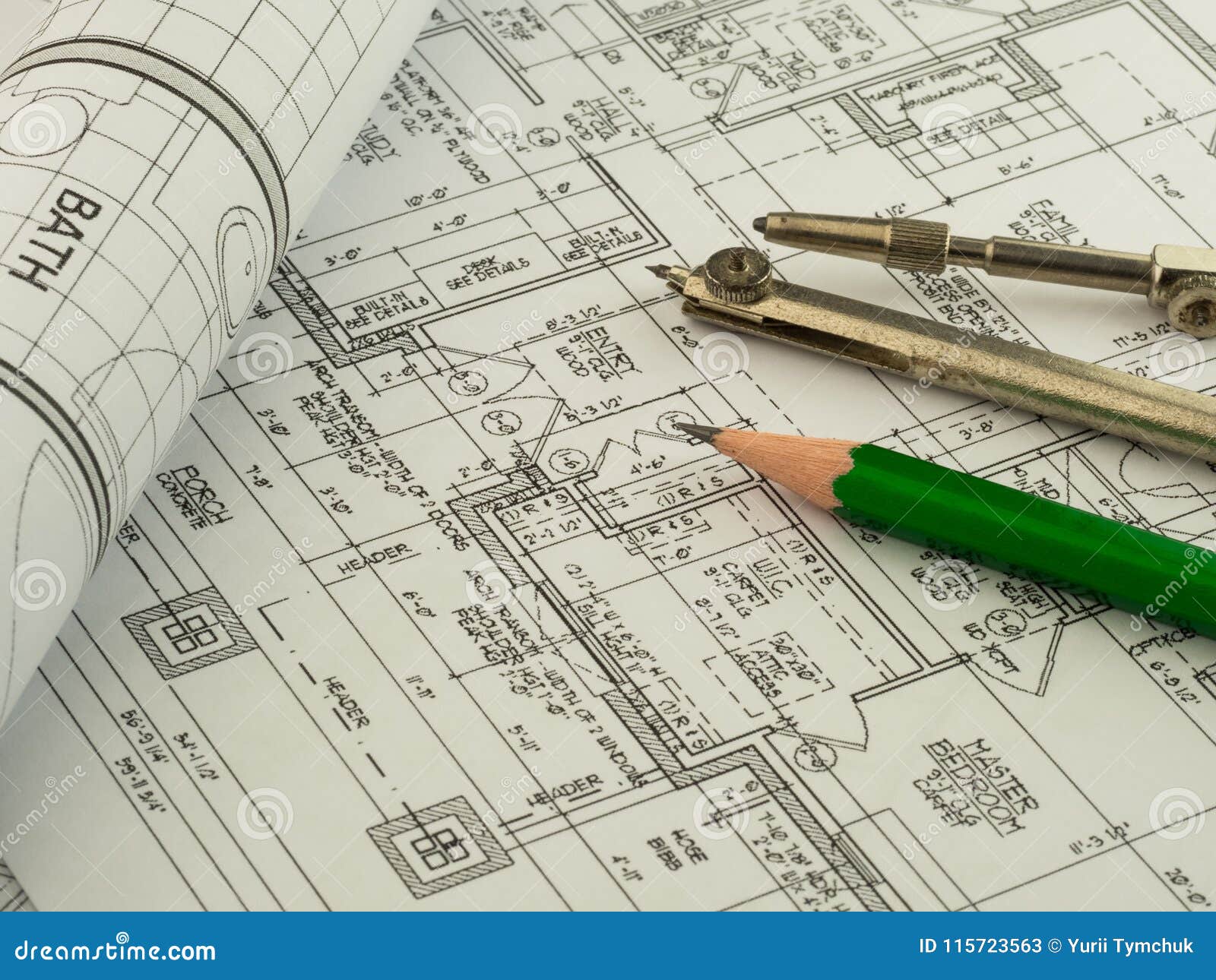 Architectural Background with Plan, Blueprint Roll, Pencil and Drawing