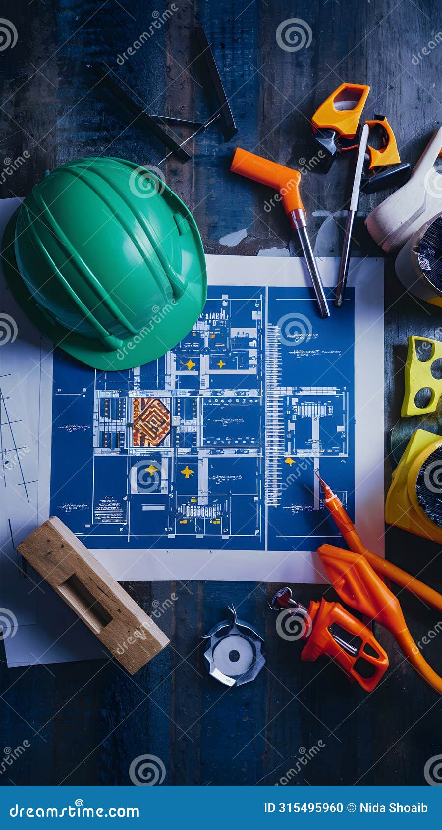 Architectural Blueprints with Hard Hat, Workspace with Construction