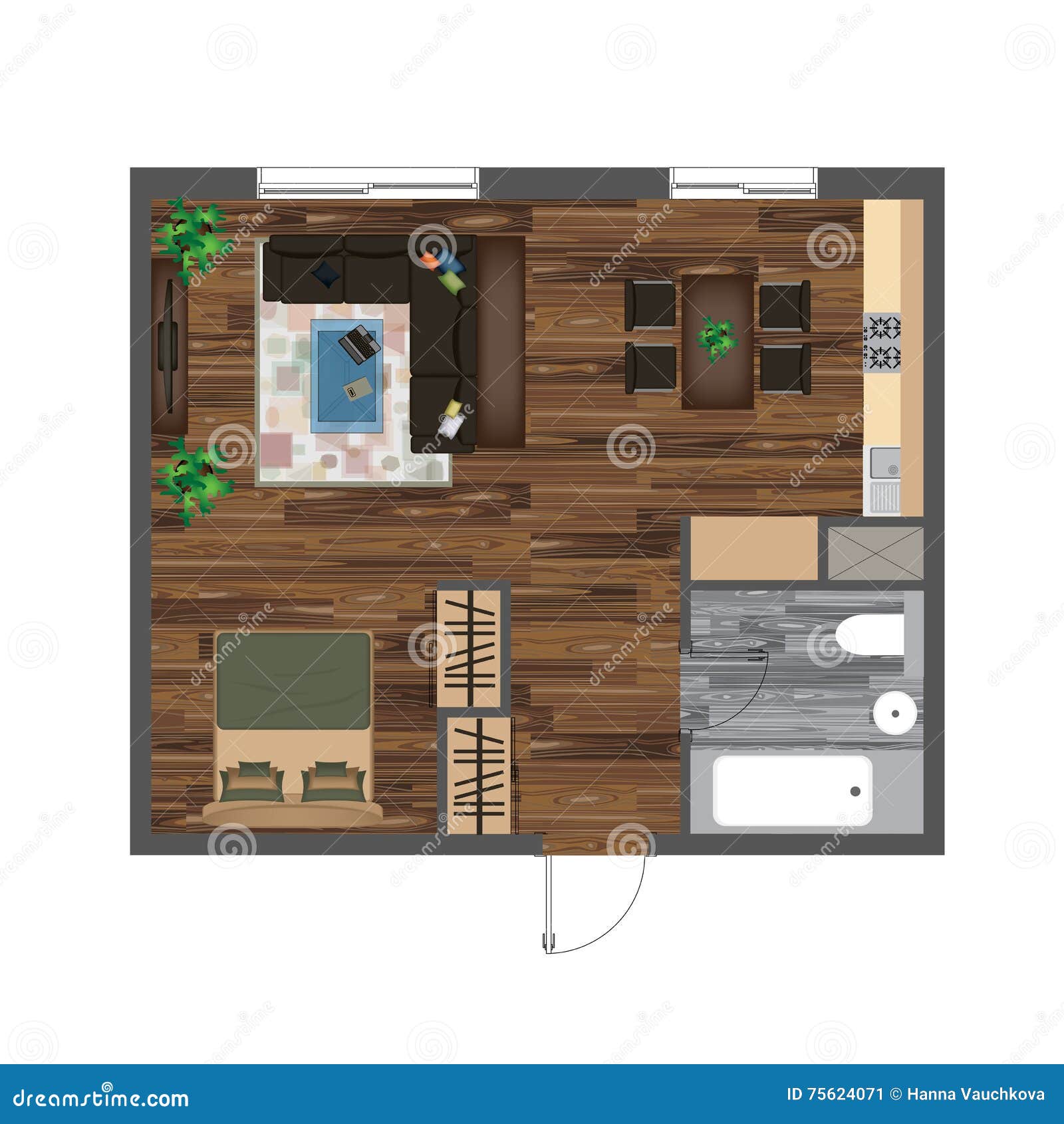 Architectural Color Floor Plan Studio Apartment Vector 