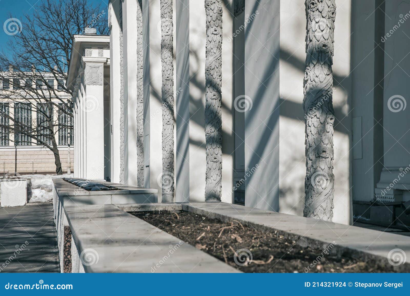 architectural composition. the building with columns recedes into the distance. white walls.