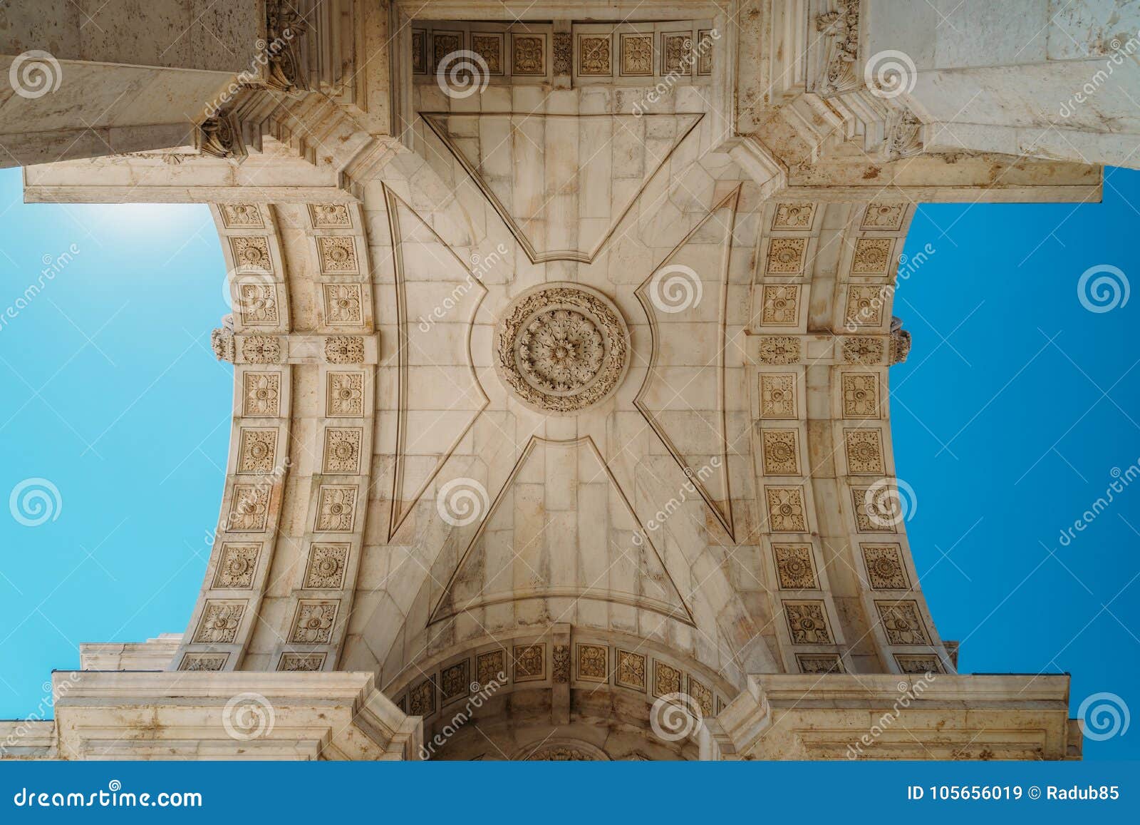 architectural details of rua augusta arch in lisbon city of portugal