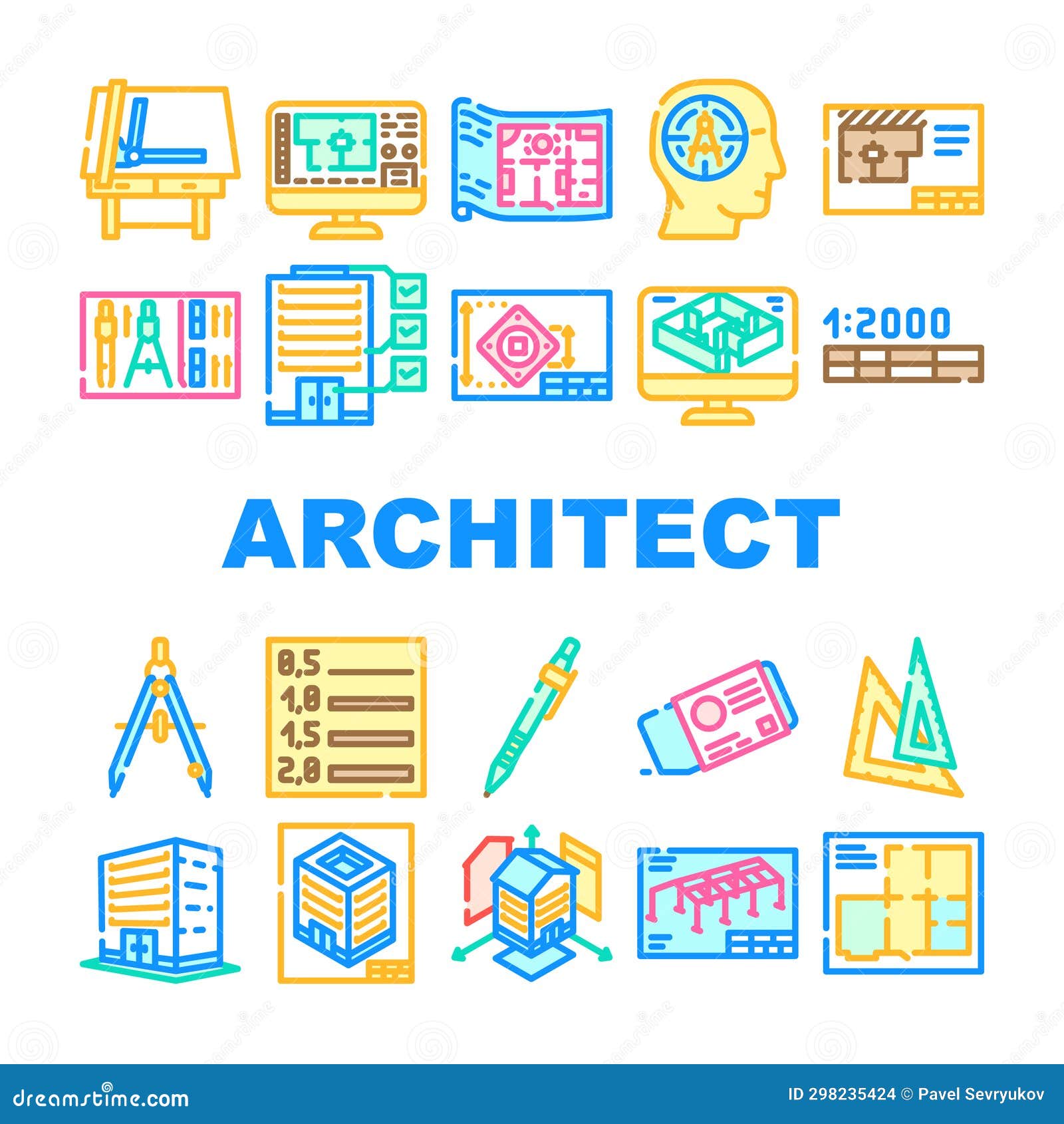 Architectural Drafter Drawing Icons Set Vector Stock Vector ...